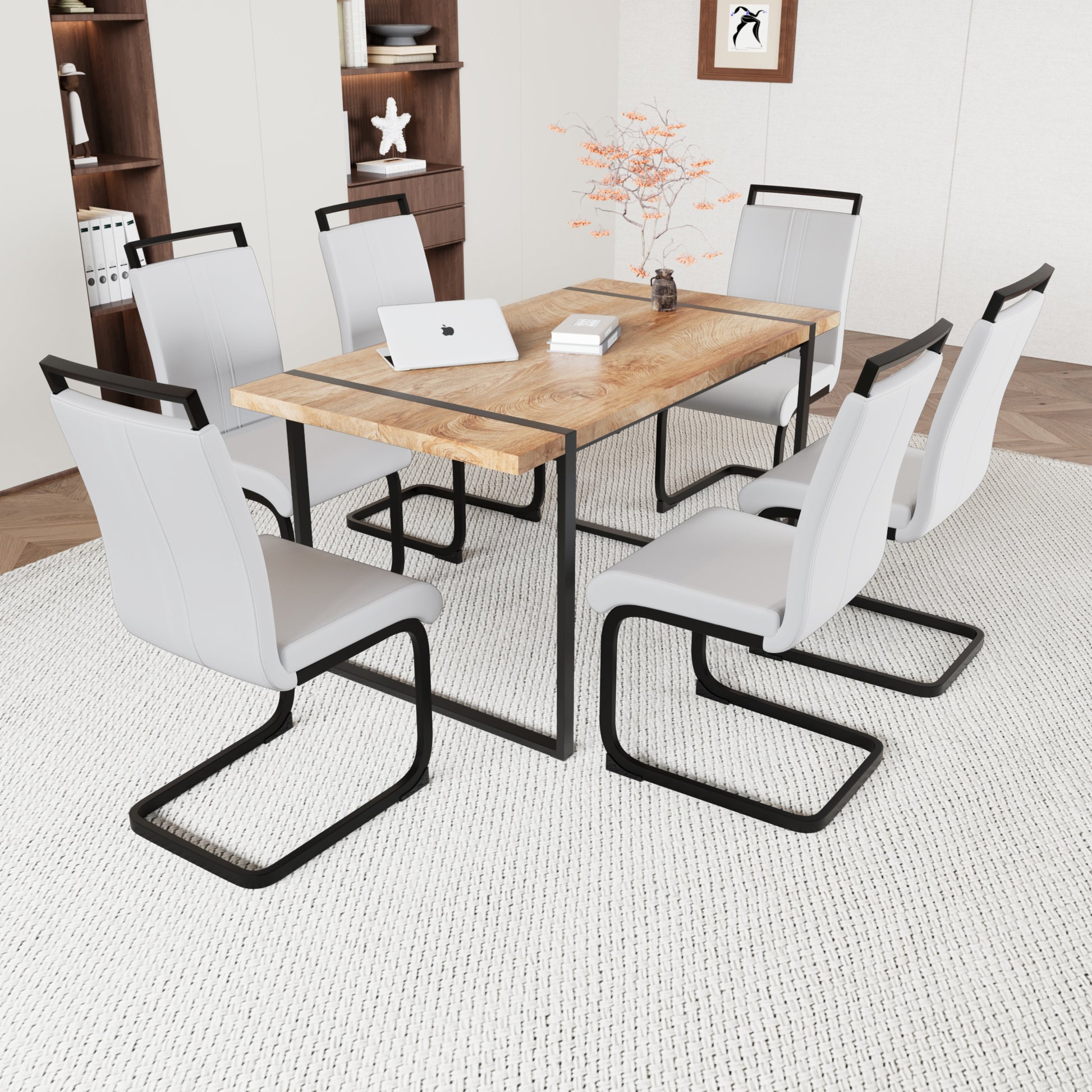 59 "Rural Industrial Rectangular Mdf Wood Color Dining Table Set And Pu Armless Dining Chair Set 6. Kitchen Black Metal Table Leg Dining Chair Set Wood Mdf