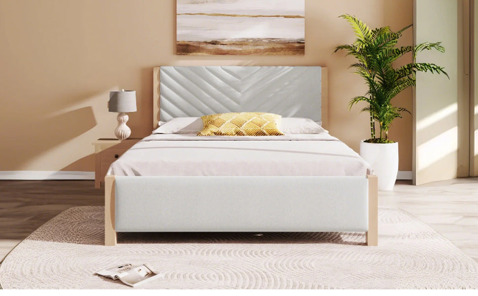 Modern Mid Century Queen Upholstered Platform Bed Frame With Tufted Headboard And Solid Wood Legs,No Box Spring Needed,Beige Box Spring Not Required Queen Beige Wood Bedroom Mid Century Modern,Modern Bed Frame Linen Wood
