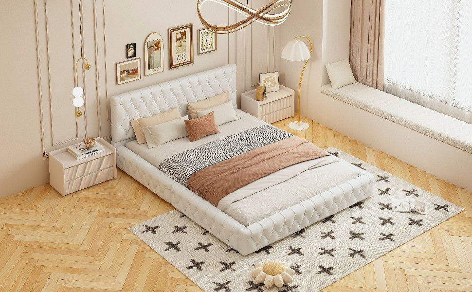 Queen Size Upholstered Bed With Tufted Headboard, Modern Velvet Platform Bedno Box Spring Required, White Queen White Solid Wood Mdf