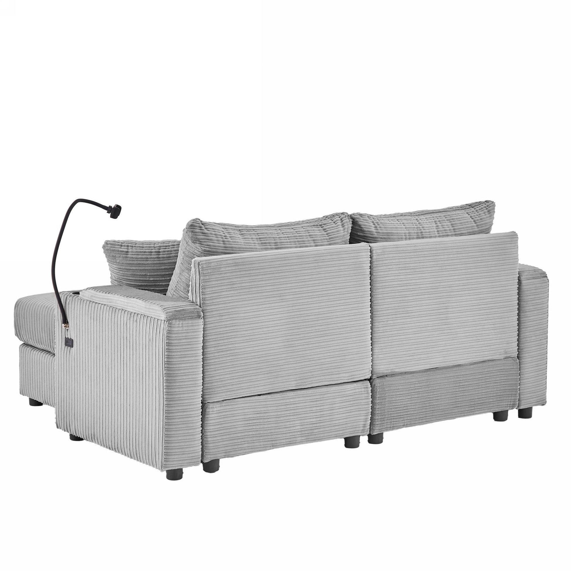 72.8" Modern Style Loveseat Sofa Sectional Sofa Couch With Storage Space, A Movable Ottoman, Two Usb Ports, Two Cup Holders, A Phone Holder For Living Room, Gray Gray Foam Corduroy 3 Seat