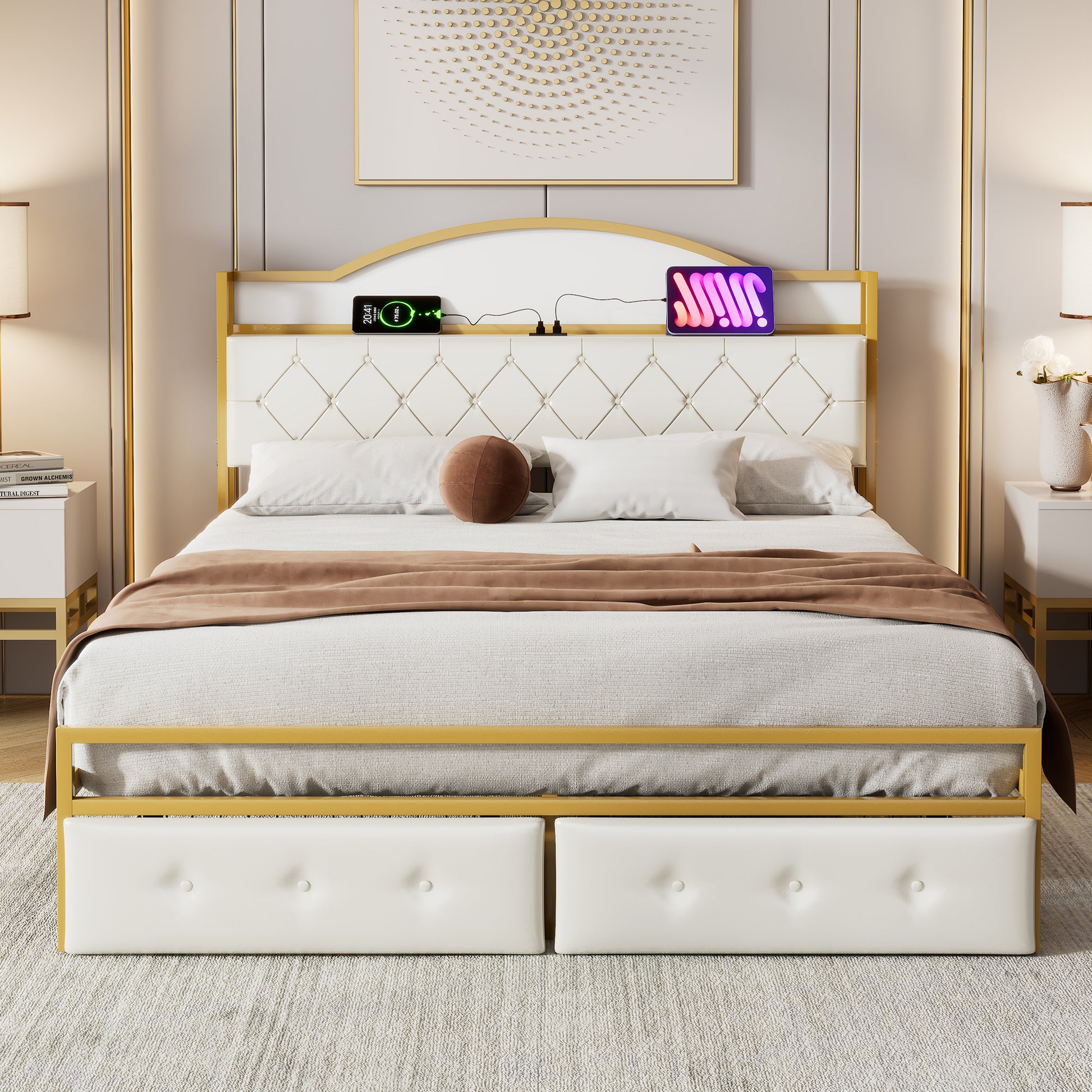 Metal Platform Bed With 2 Drawers, Storage Headboard, Queen, Gold Queen Gold White Fabric Metal