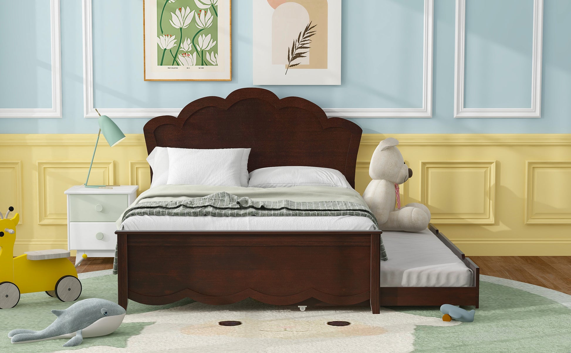 Full Size Wood Platform Bed With Headboard And Twin Size Trundle, Cappuccino Box Spring Not Required Full Cappuccino Wood Bed Frame Solid Wood Mdf