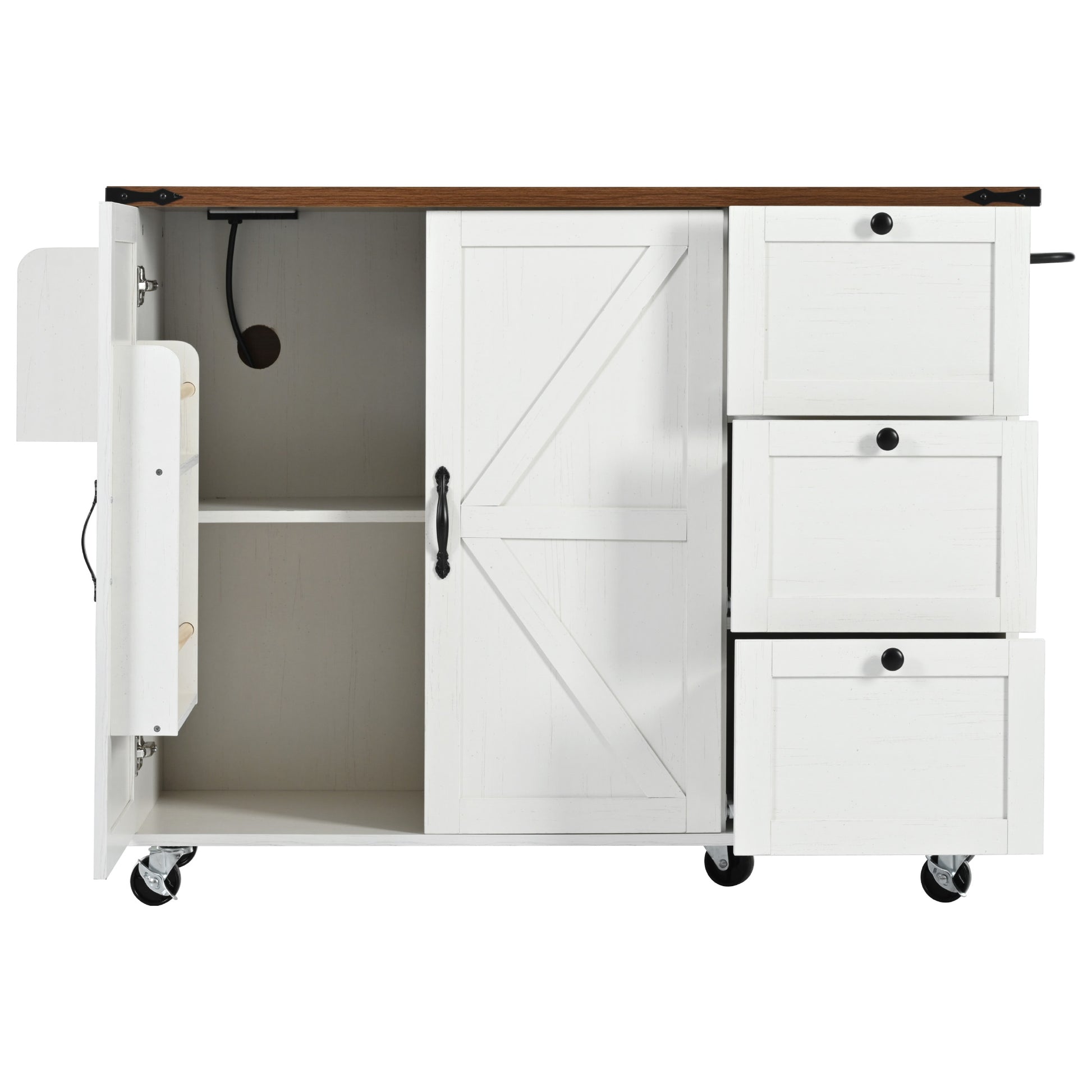 K&K 54.5" Farmhouse Kitchen Island With Power Outlet, Kitchen Storage Island With Internal Storage Rack, Drop Leaf, Spice Rack, Rolling Kitchen Cart On Wheels, For Home, Kitchen And Dining