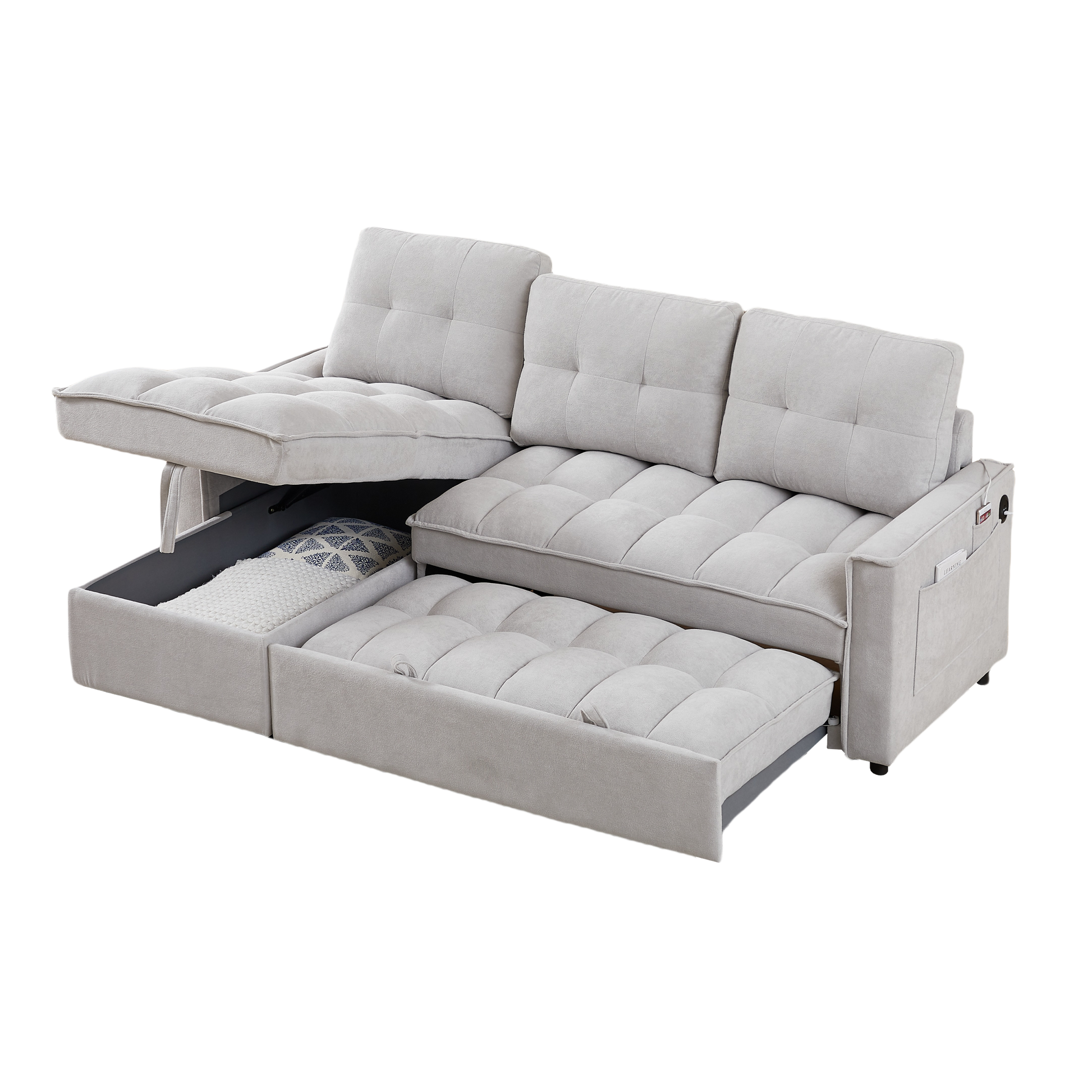 Mh 78.75" Reclining Sofa, Pull Out Sofa Bed With Usb And Tape C Charging Ports, L Shaped Sectional Sofa With Reclining Storage And Arm Side Organizer Pocket Features, Living Room Comfort Sofa Light Grey Chenille Wood Primary Living Space Eucalyptus Foam