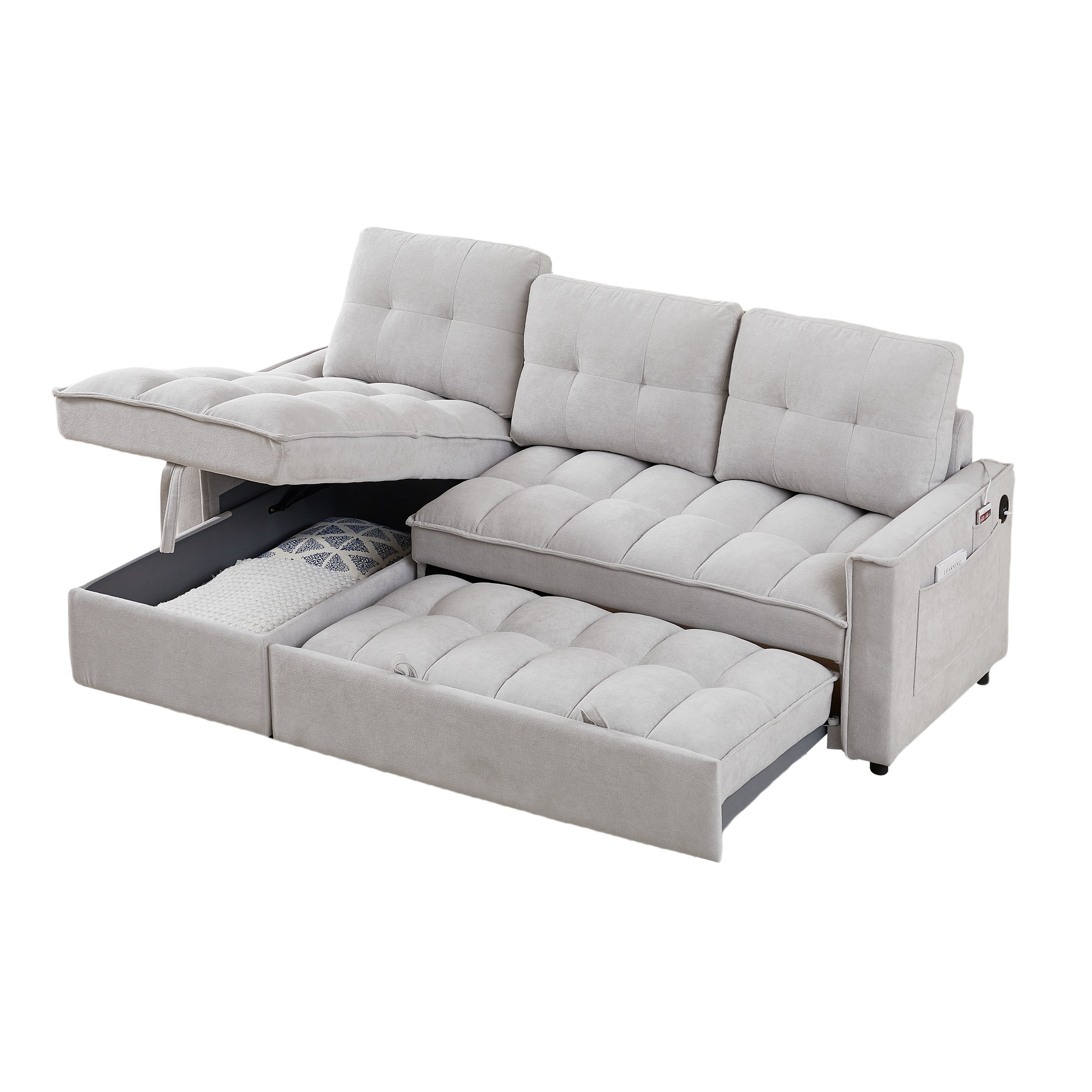 Mh 78.75" Reclining Sofa, Pull Out Sofa Bed With Usb And Tape C Charging Ports, L Shaped Sectional Sofa With Reclining Storage And Arm Side Organizer Pocket Features, Living Room Comfort Sofa Light