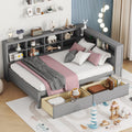 Wooden Full Size Daybed With 2 Drawers, Daybed With Storage Shelf And Usb Charging Ports,Grey Full Grey Wood