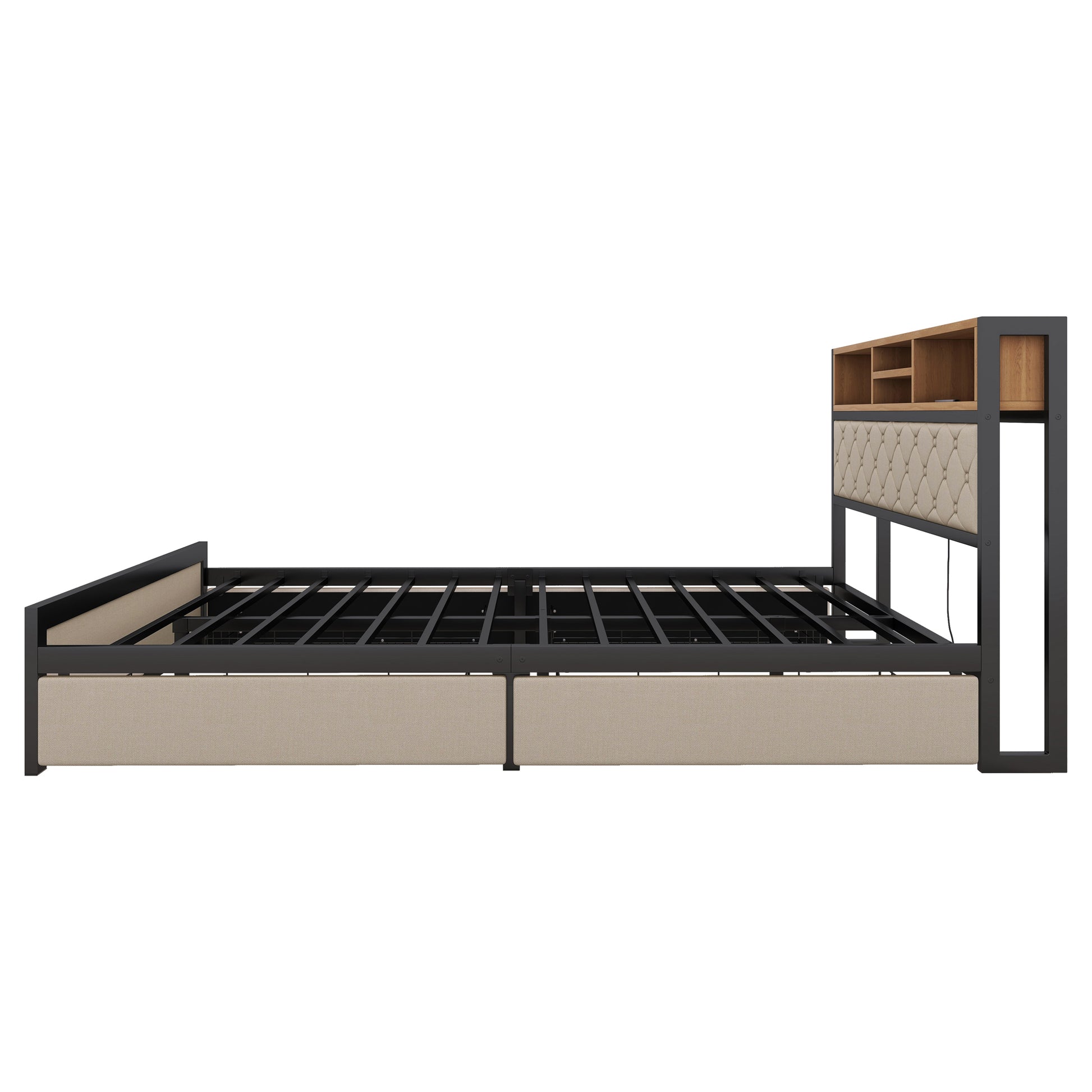 Metal Queen Size Platform Bed With 4 Drawers, Upholstered Headboard And Footboard, Sockets And Usb Ports, Beige Queen Beige Black Fabric Metal
