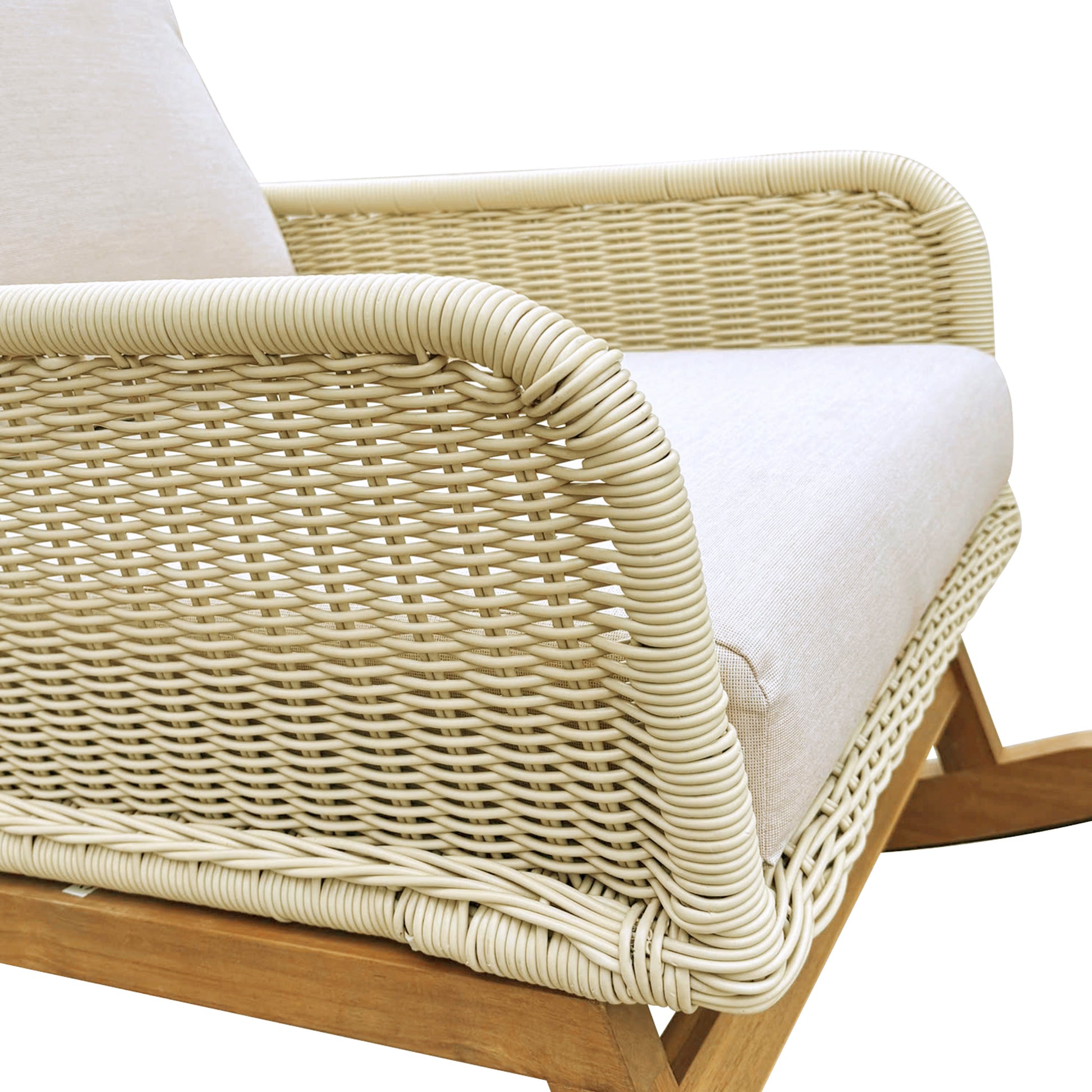 Contemporary Minimalist Ivory Wicker Rocking Chair With Soft Polyester Cushions And Durable Wooden Frame, Perfect For Indoor And Outdoor Spaces Like Patio, Balcony, Or Living Room Ivory Pe Rattan