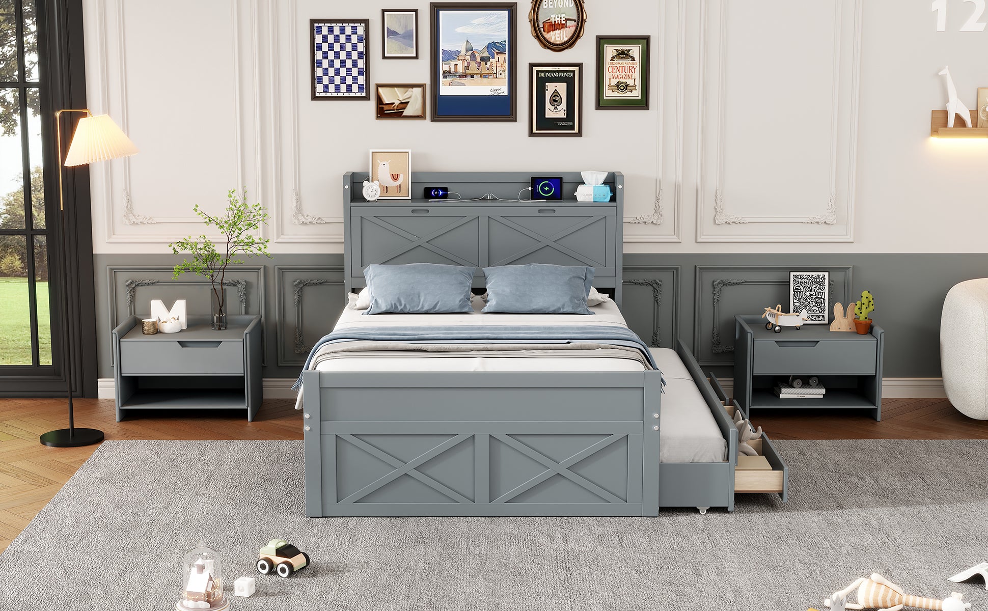 Full Size Wooden Bed With Storage Headboard With Outlets, Extendable Bed With Twin Size Trundle With Three Storage Drawers,Gray Expected Arrival Time:8.23 Full Gray Wood