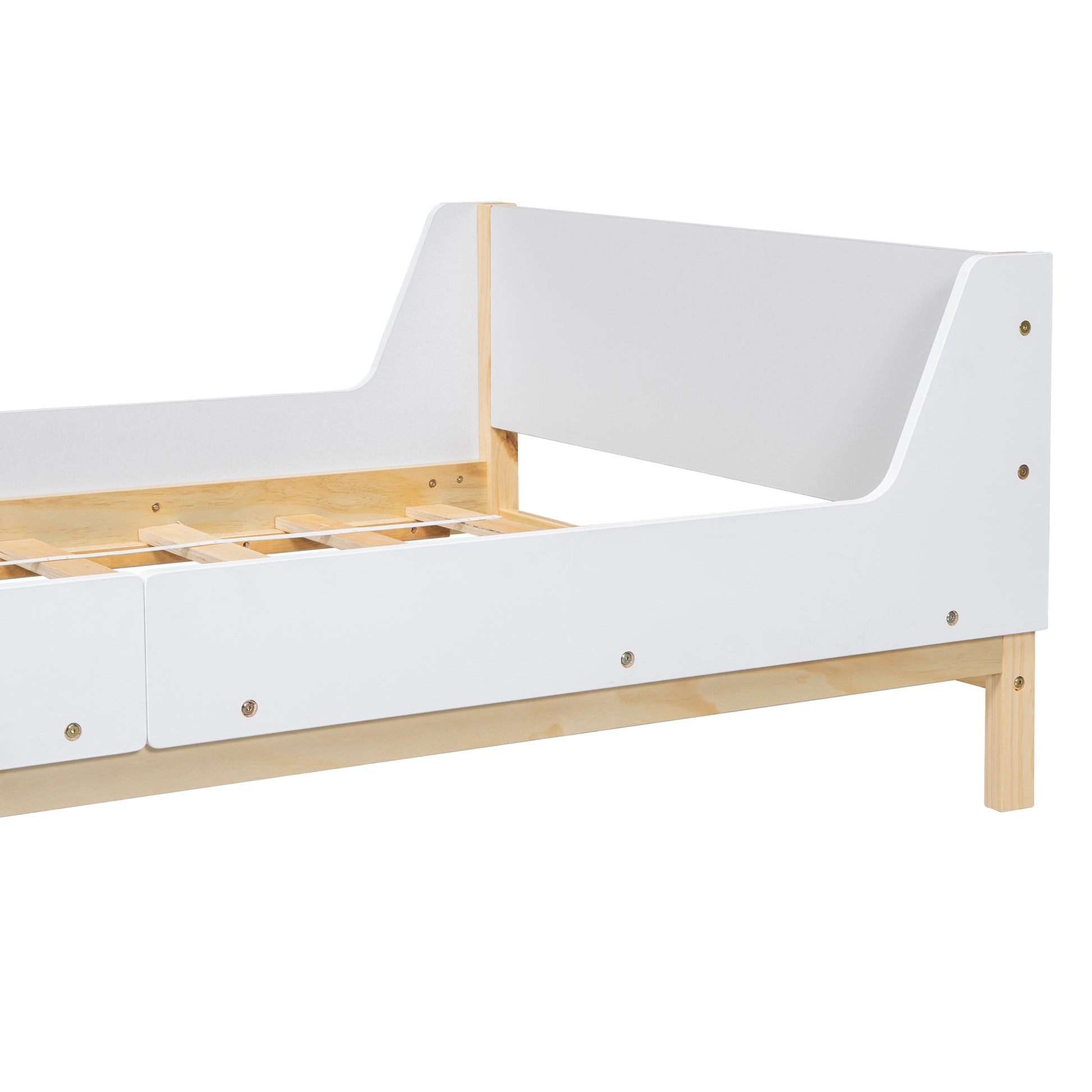 Twin Bed With Headboard, Footboard, Safeguards, Built In Bed End Book Storage Rack ,White Twin White American Design Pine