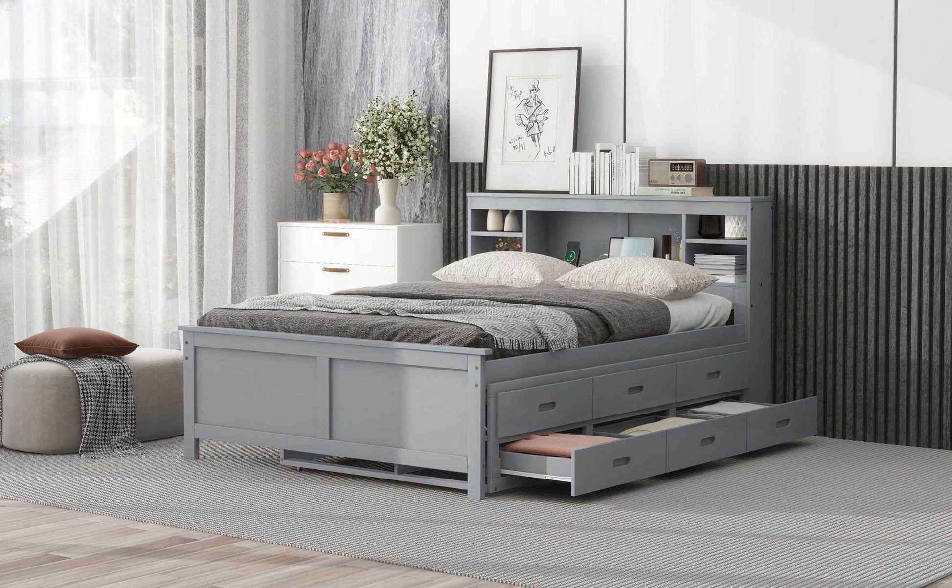 Full Size Platform Bed With Storage Headboard, Usb, Twin Size Trundle And 3 Drawers, Gray Box Spring Not Required Full Gray Wood Bedroom Bed Frame Solid Wood Mdf