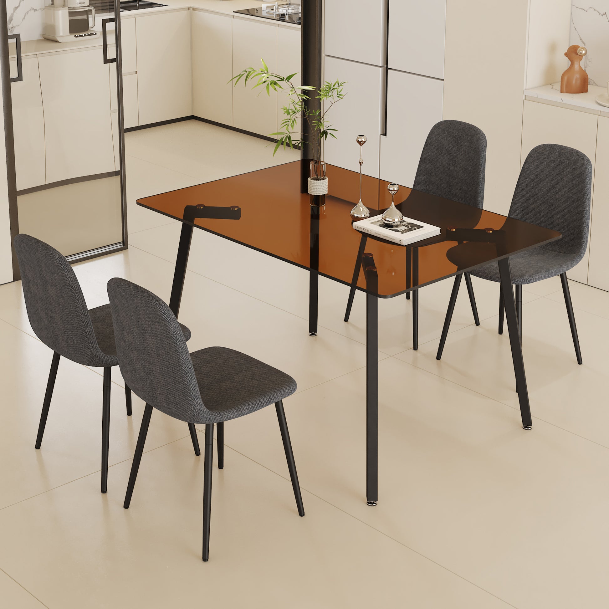 Table And Chair Set.Large Modern Rectangular Table With Brown Glass Top And Silver Metal Legs. Paired With 4 Dark Gray Chairs With Soft Linen Fabric Cushions And Black Metal Legs. Dark Gray,Silver