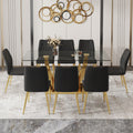 Table And Chair Set.Modern Rectangular Dining Table With Transparent Tempered Glass Tabletop And Gold Plated Metal Legs.Paried With 8 Comfortable Chairs With Pu Seats And Golden Metal Legs. Black Gold,Transparent Seats 8 Glass Metal