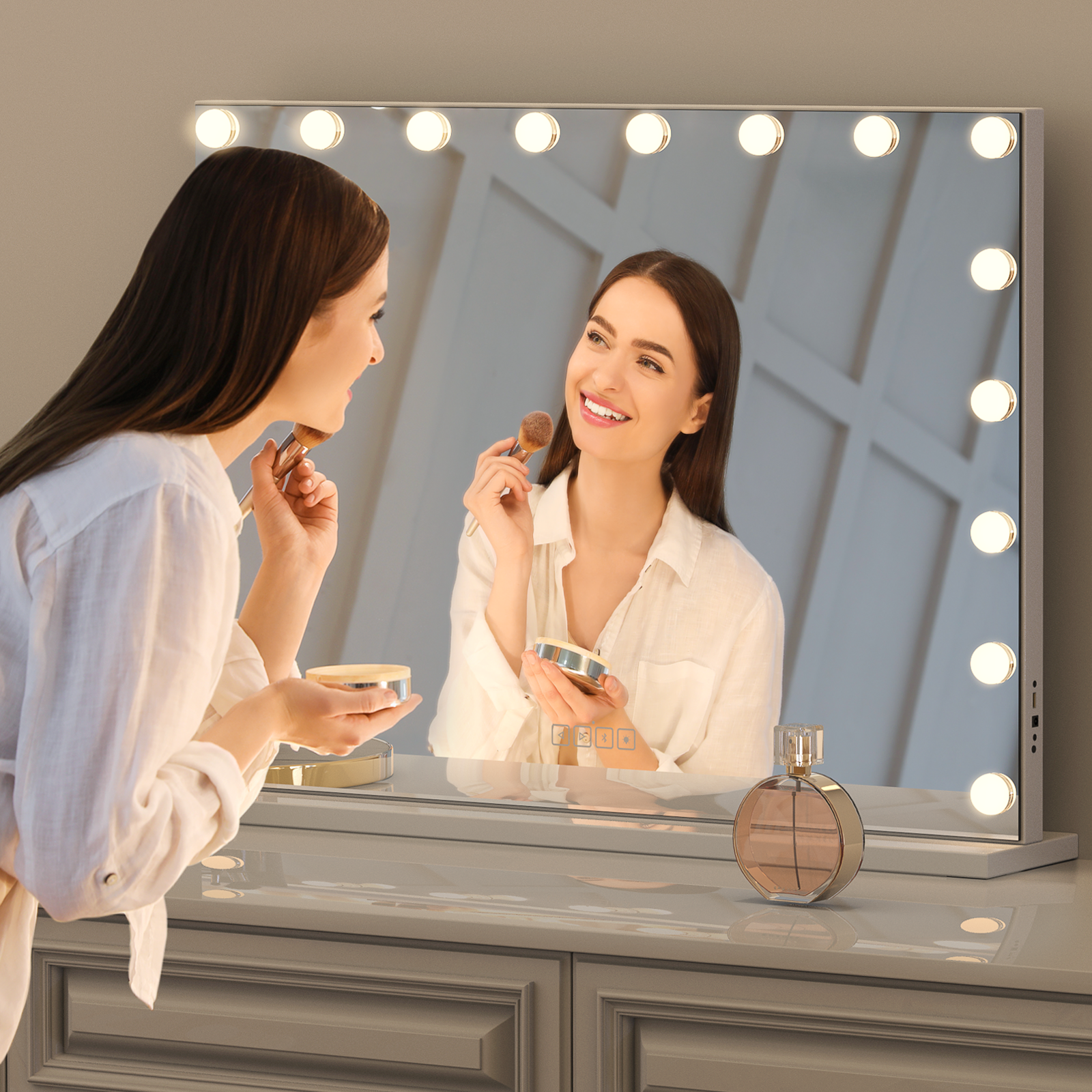 Hollywood Vanity Mirror With Speaker And Lights: 18 Bulbs, 3 Light Colors, Adjustable Brightness, Usb Charging Port Tabletop Or Wall Mountable Beauty Mirror For Bedroom White Mirror