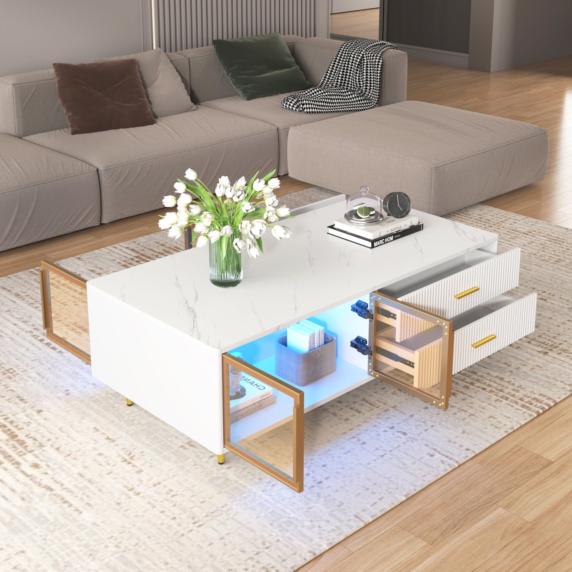 Modern White Coffee Table With 2 Glass Door Storage, 4 Drawers, Gold Metal Legs, And Multi Color Lighting In 47.2'' White Drawers Mdf