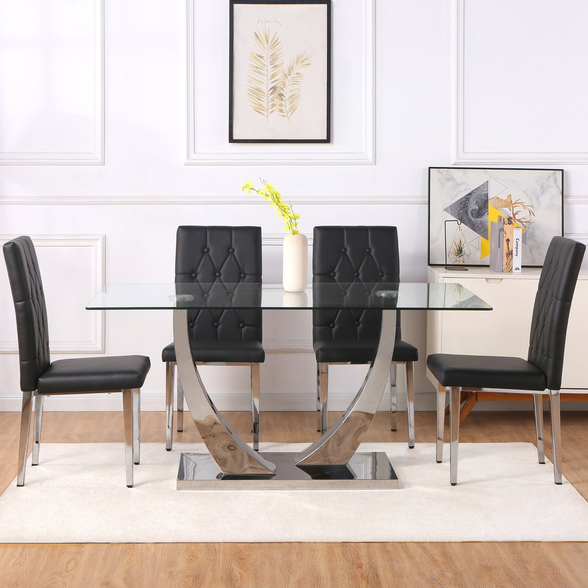 Table And Chair Set, Modern Dining Table, Tempered Glass Tabletop And Silver Colored Leg Table, Soft And Comfortable Dining Chair, Perfect For Dinner, Meetings, Home And Office Decor Black Glass