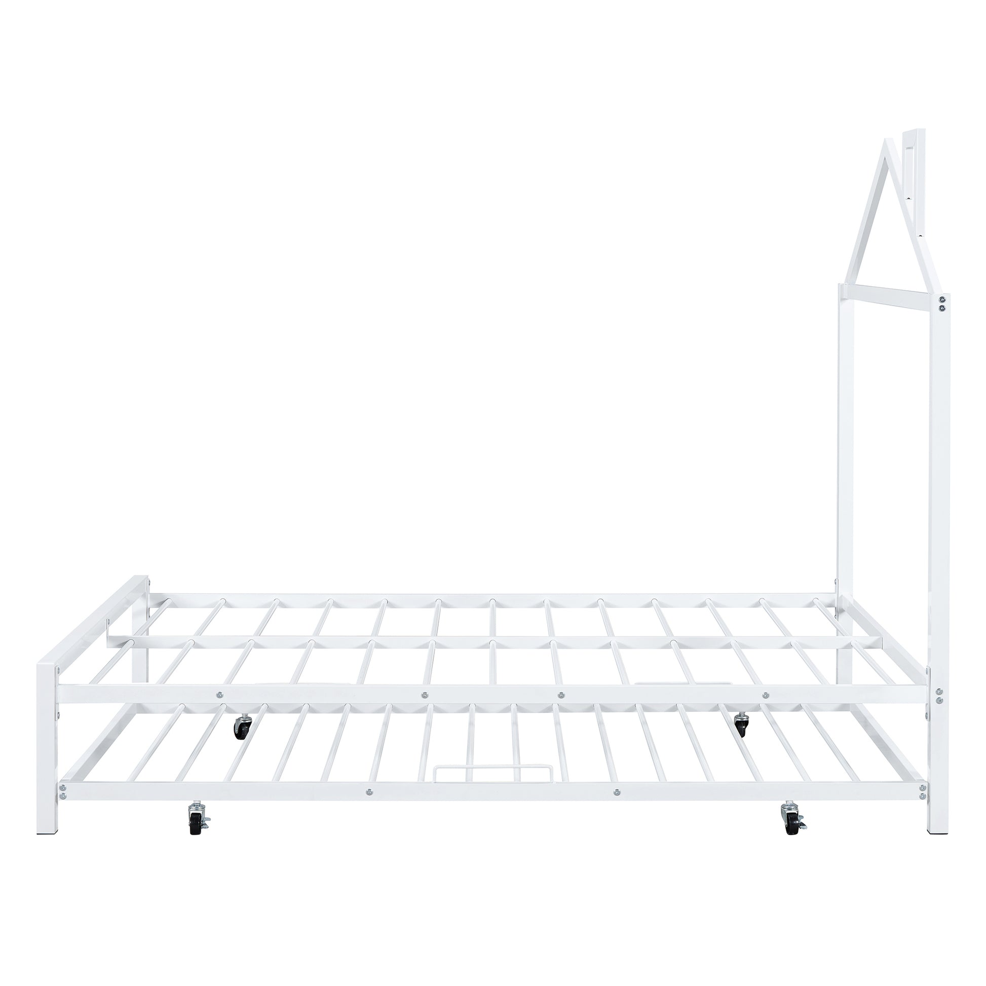 Full Size Metal Platform Bed With Twin Size Trundle,House Shaped Headboard Design, White Full White Metal