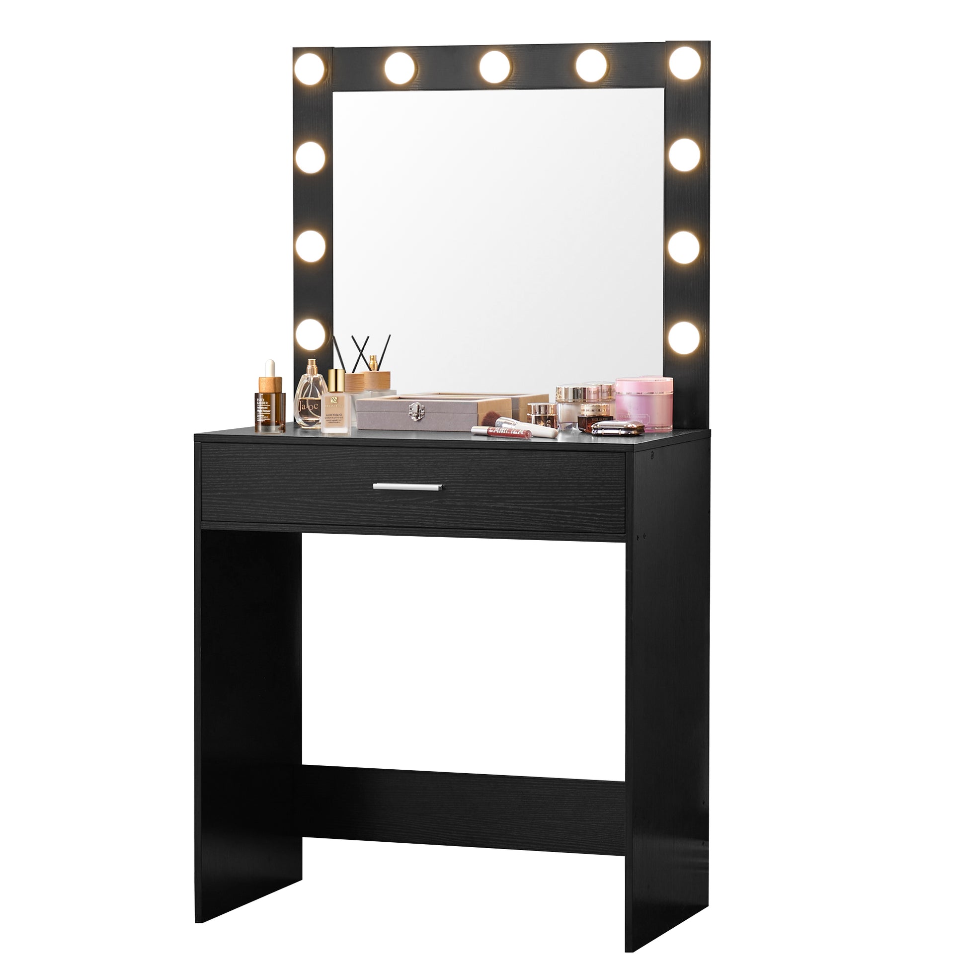 Vanity Desk With Mirror And Lights, Dressing Table With Large Drawer, 1 Level Storage Dresser & 3 Lighting Modes Adjustable Brightness, Suitable For Bedroom Black Black Particle Board