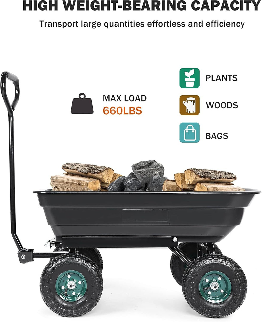 Garden Dump Cart With Steel Frame, Heavy Duty Outdoor Wagon With 10 Inch Pneumatic Rubber Tires, 660Lbs Max Capacity, Black Black Polypropylene