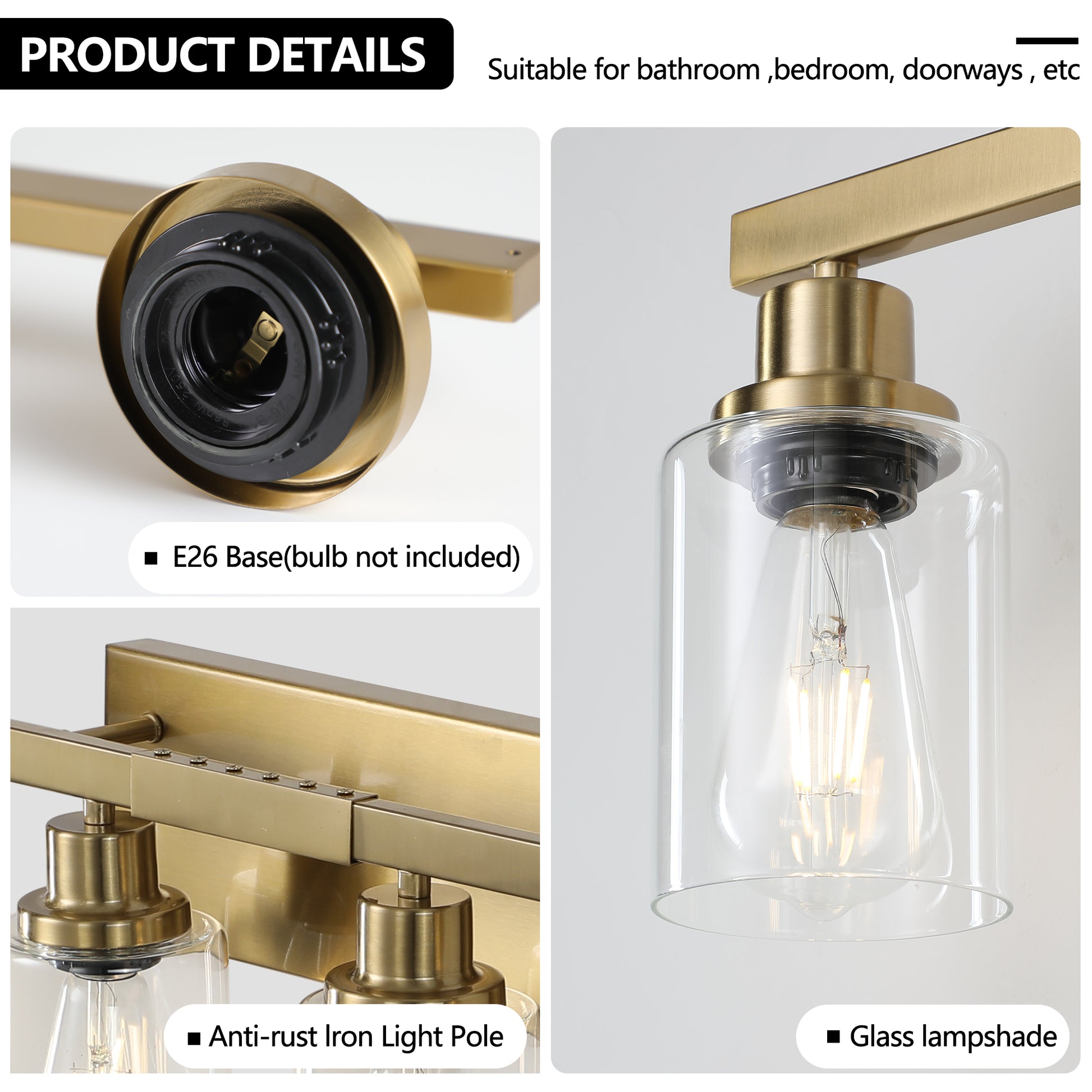 Golden 8 Light Vanity Light With Clear Glass Shades, Modern Iron Metal Bathroom Wall Fixture For Mirror, Ideal For Bathroom And Dressing Table No Bulbs Golden Glass Iron