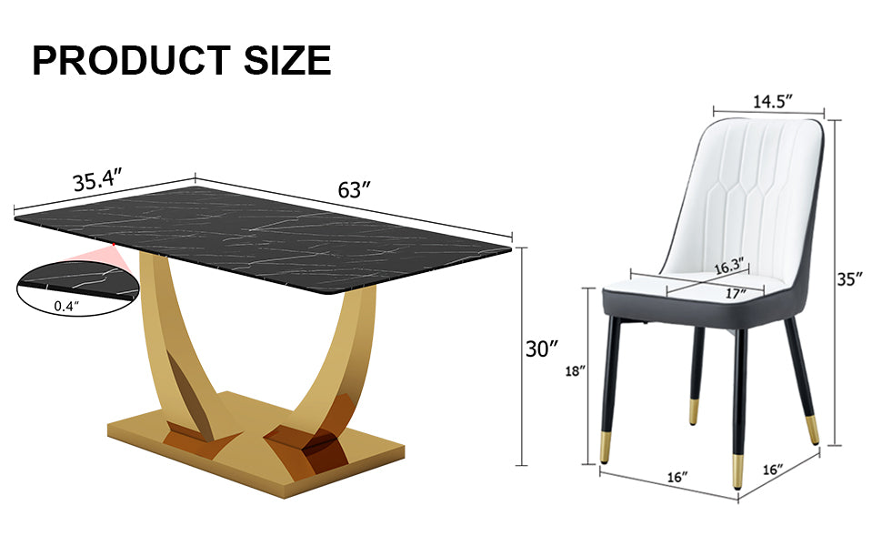 Table And Chair Set.Modern Rectangular Dining Table With Black Textured Stickers Glass Tabletop And Gold Plated Metal Legs.Paried With 6 Comfortable Chairs With Pu Seats And Black Metal Legs. Black Gold,White,White Gray Seats 6 Glass Metal