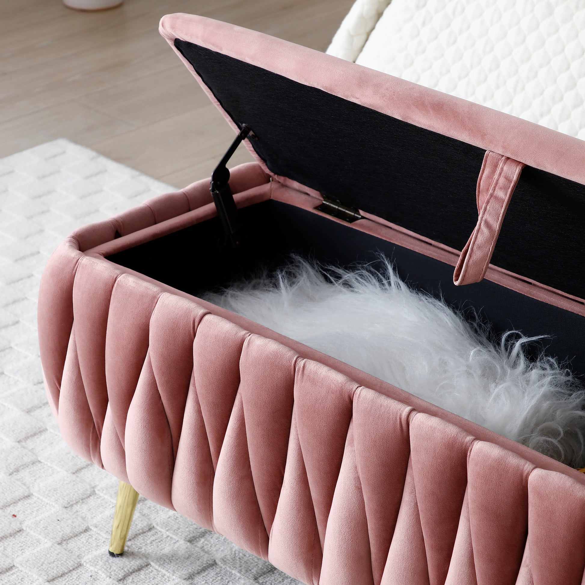 Oval Storage Bench With Gold Legs,Velvet Fabric Upholstered Ottoman Storage Benches For Bedroom End Of Bed,Sherpa Fabric Bench For Living Room,Dining Room,Entryway,Bed Side,Dark Pink,5 Colors Dark Pink Velvet