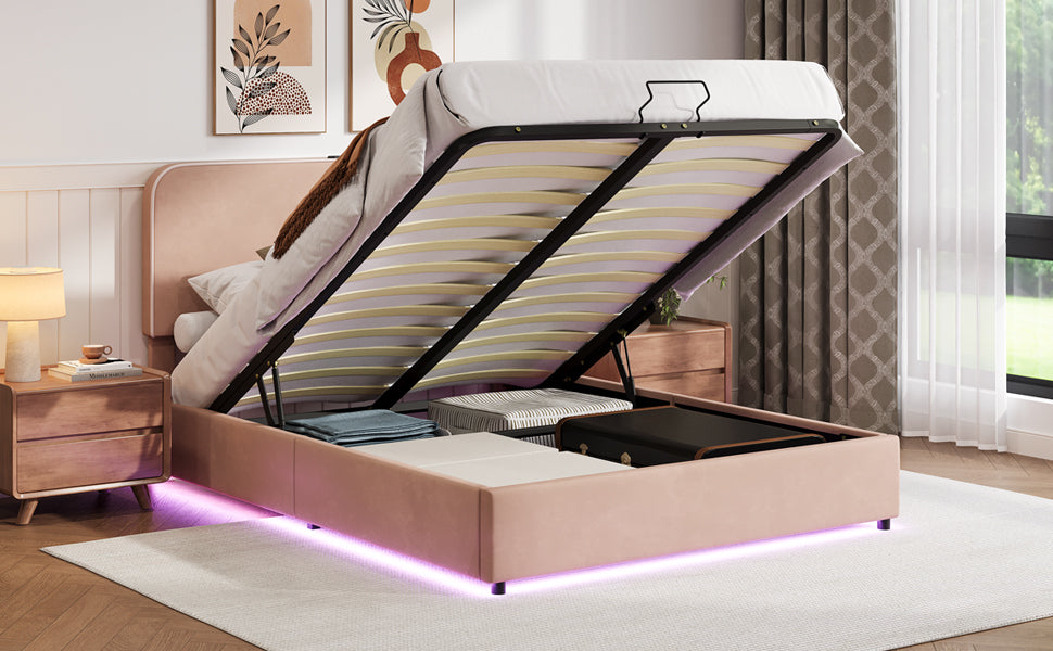 Upholstered Platform Queen Size Hydraulic Storage Bed, Lift Up Storage Bed With Rgb Led Light, Bluetooth Speaker, No Box Spring Needed, Lychee Velvet,Pink Queen Pink Velvet Fabric Metal