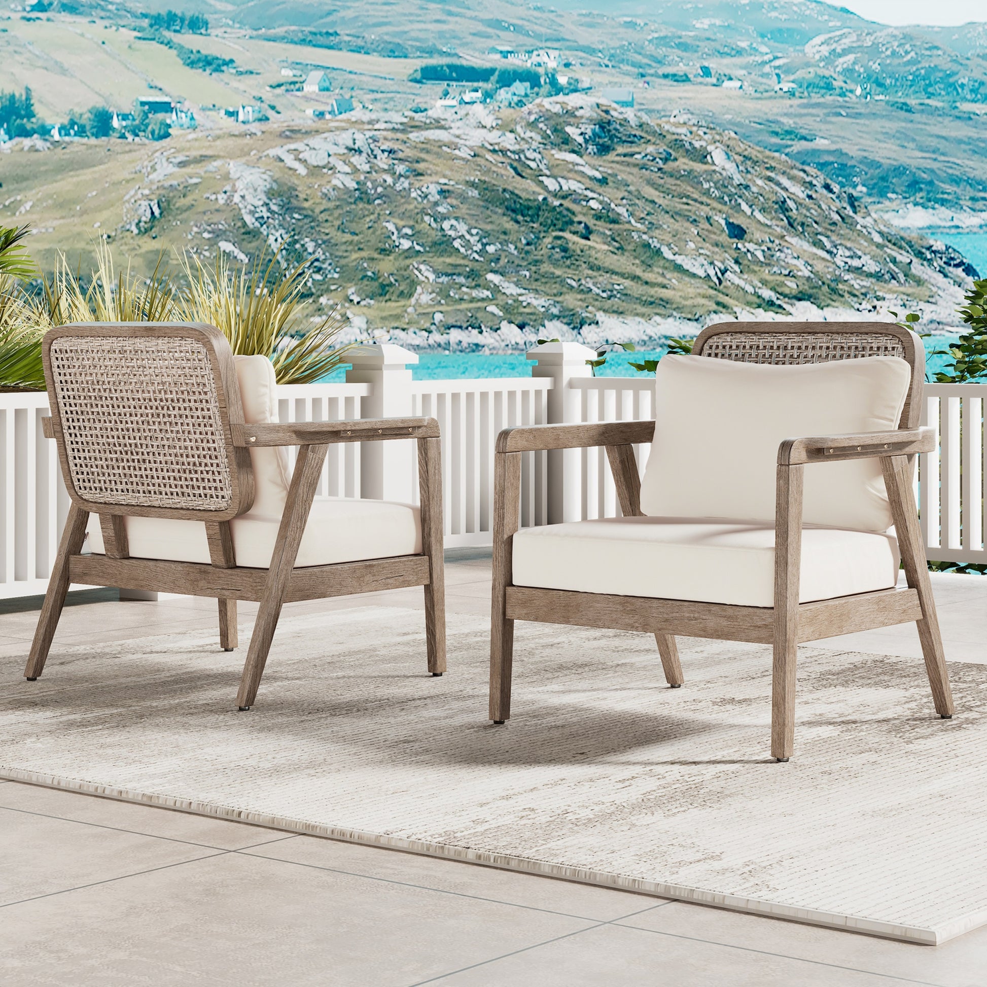 Set Of 2 Outdoor Acacia Wood Patio Club Chair, Patio Furniture,Waterproof Thick Cushion Deep Seating For Porch, Garden, Backyard, Balcony, Weight Capacity 400Lbs, Light Brown Finish, Cream Cushion Yes Deep Seating Light Brown Garden & Outdoor Foam Acacia