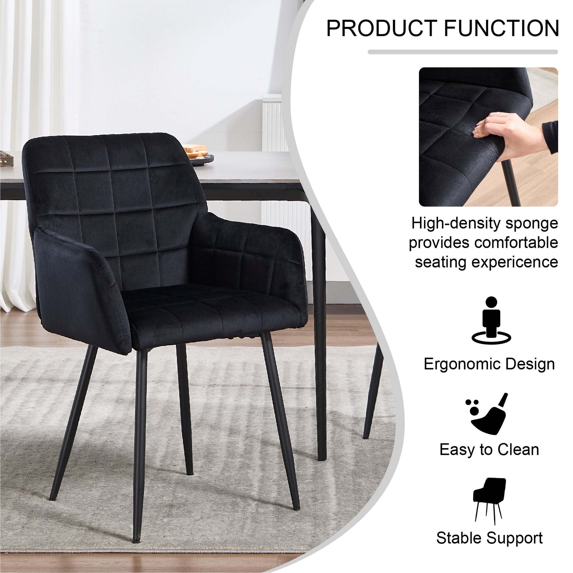 Dining Chairs Set Of 2, Upholstered Kitchen Chairs With Comfortable Seat, Velvet Dining Chairs With Armrests, Easy To Assemble And Clean, For Dining Room, Kitchen, Living Room,Black Black Velvet