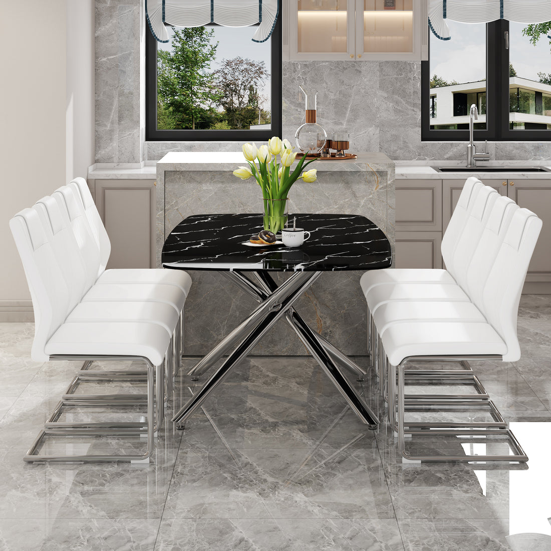 Table And Chair Set.Table And Chair Set.Modern Luxurious Black Marble Patterned Tempered Glass Dining Table With 8 White Pu Chairs.Multiple White High Quality Pu Dining Chairs With Silver Legs.