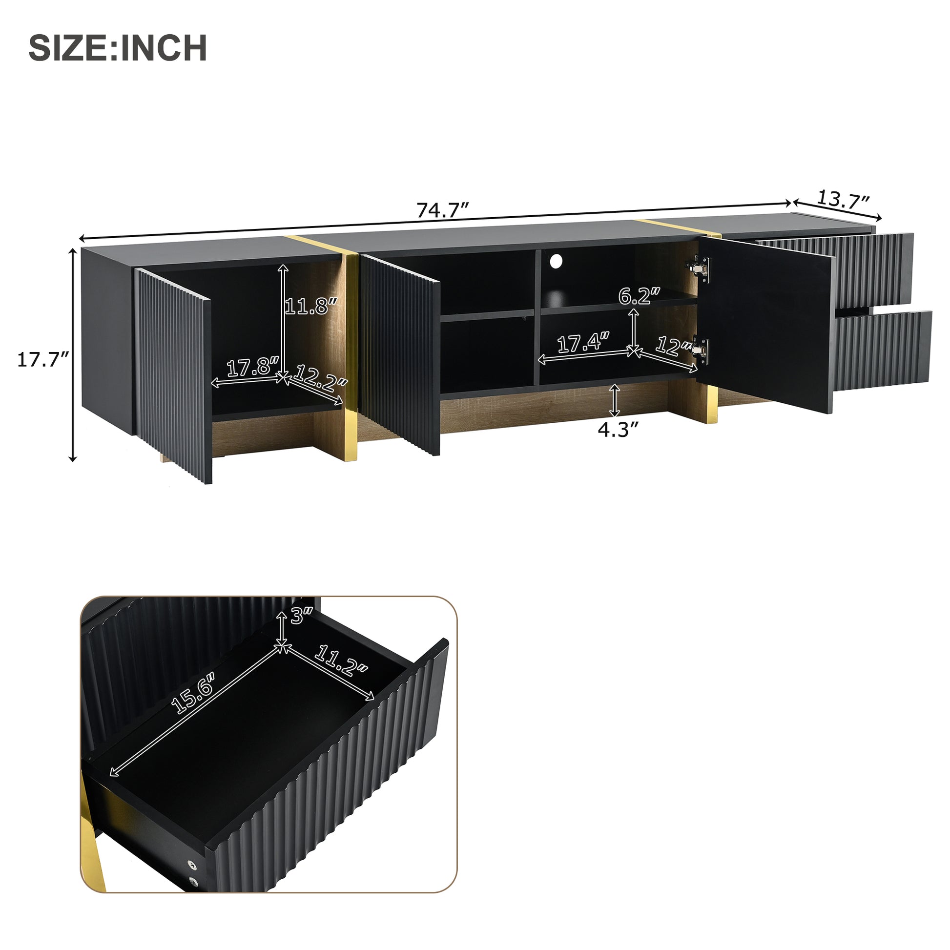 Luxury Fluted Tv Stand For Tvs Up To 80'', Modern Entertainment Center With Storage Cabinets & Drawers, Smooth Media Console With Golden Wood Grain Legs For Living Room, Black Black Primary Living Space 80 89 Inches Particle Board Mdf