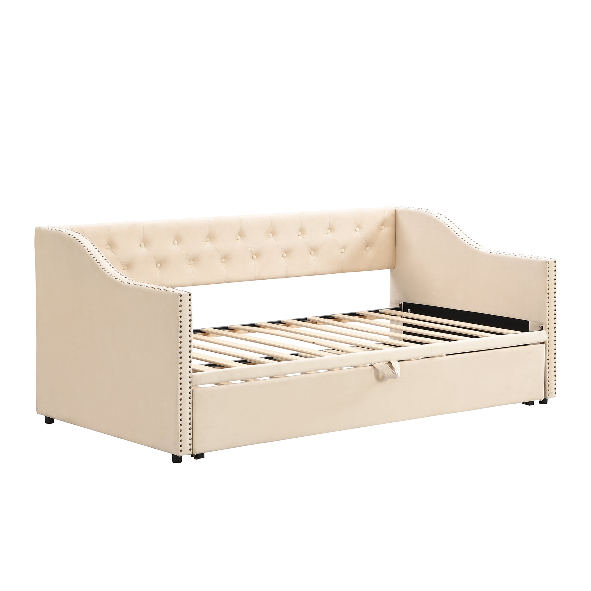 Twin Size Upholstered Daybed With Pop Up Trundle, Beige Twin Beige Upholstered