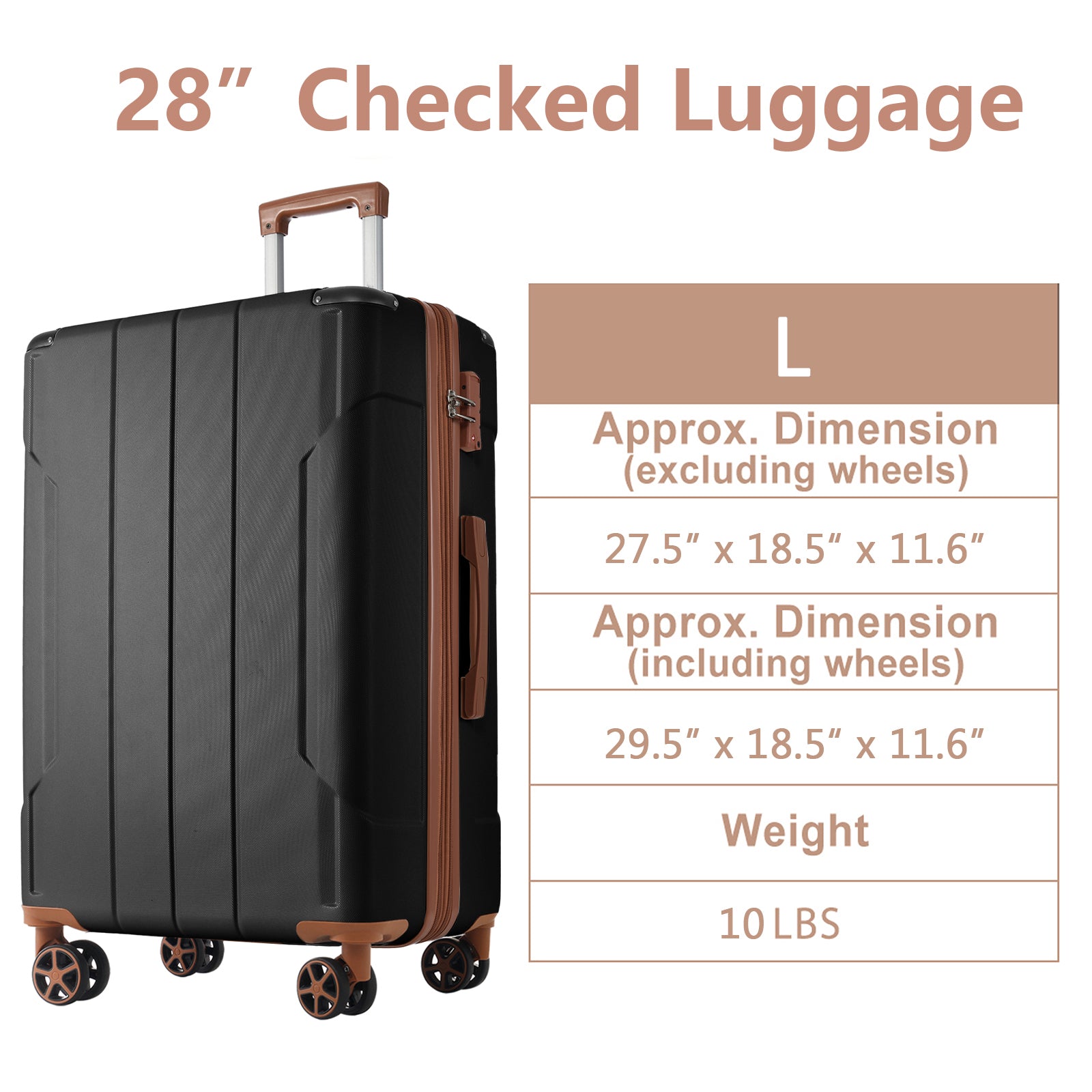 Hardshell Luggage, Lightweight Durable Abs Suitcases With Double Wheels, Expandable 28 Inch Checked Luggage 28" Single Luggage Black Brown Abs