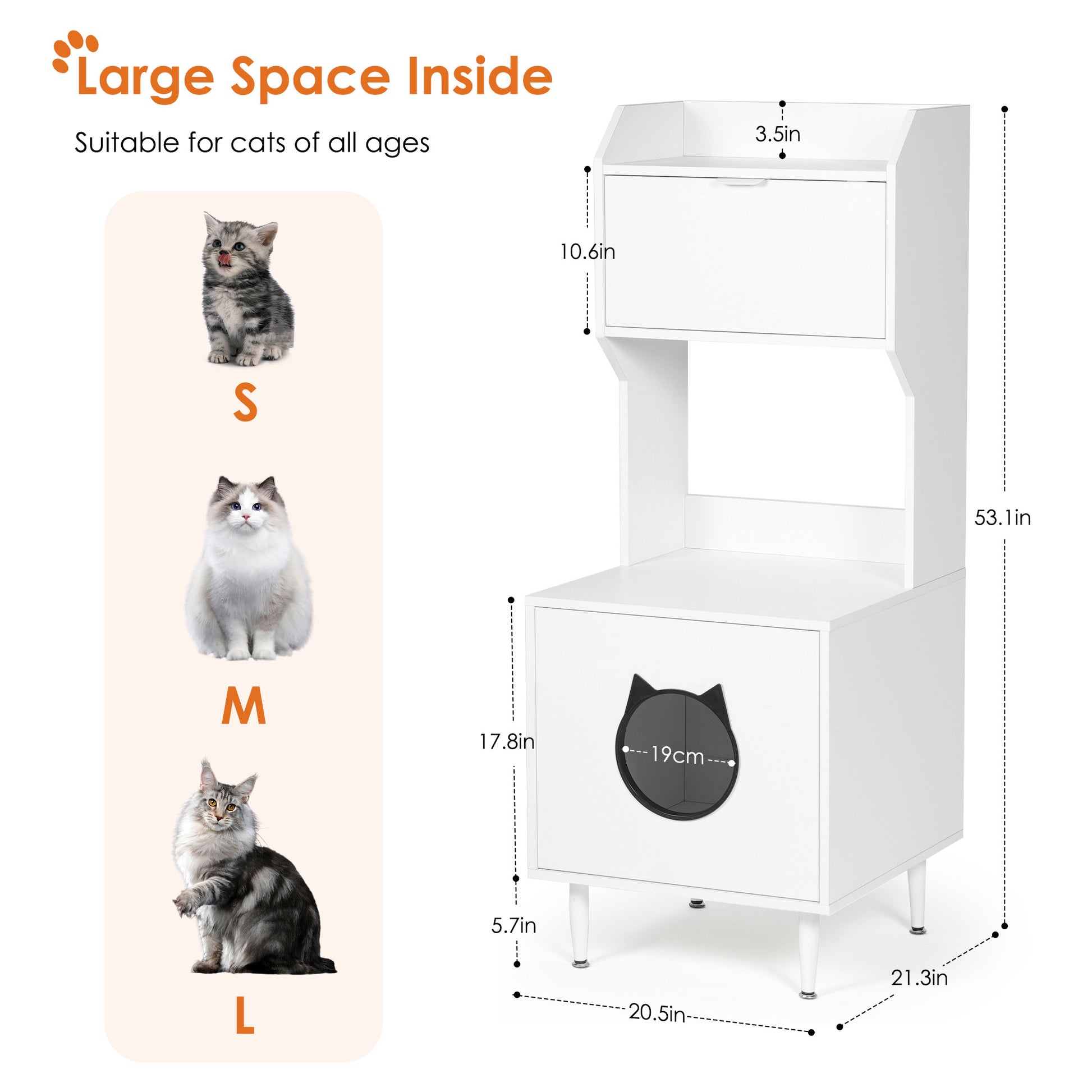 Litter Box Enclosure With Shelves And Doors White Wooden Hidden Cat Litter Box Furniture Industrial Indoor Cat House Washroom Pet Crate Storage Cabinet White Vintage Particle Board