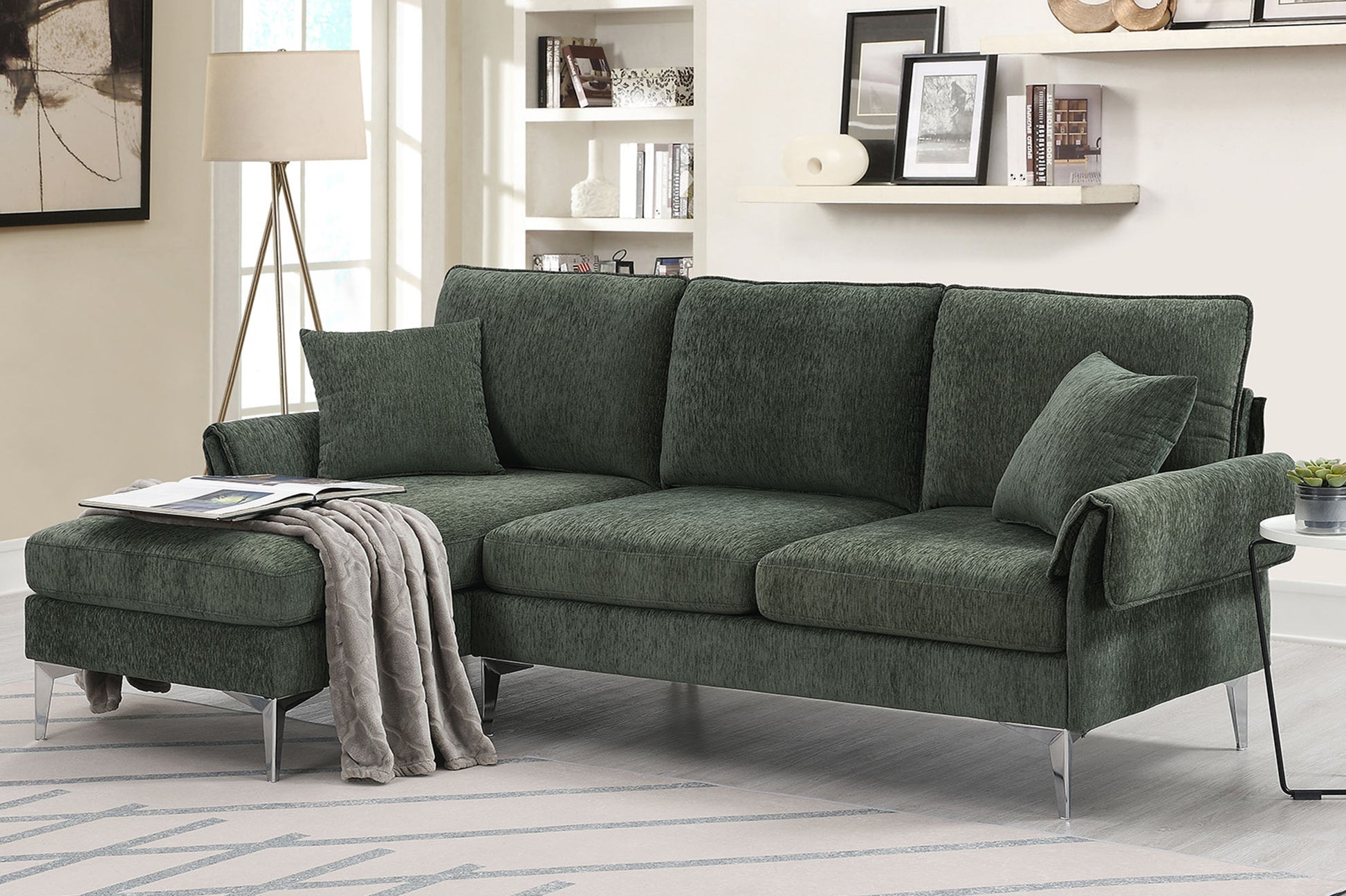 84 "Modern Chenille L Shaped Sofa With Reversible Lounge,Convertible Sectional Couch Set,4 Seat Indoor Furniture With Reversible Chaise,Fit For Living Room, Apartment 2 Pillows Green Chenille 4 Seat