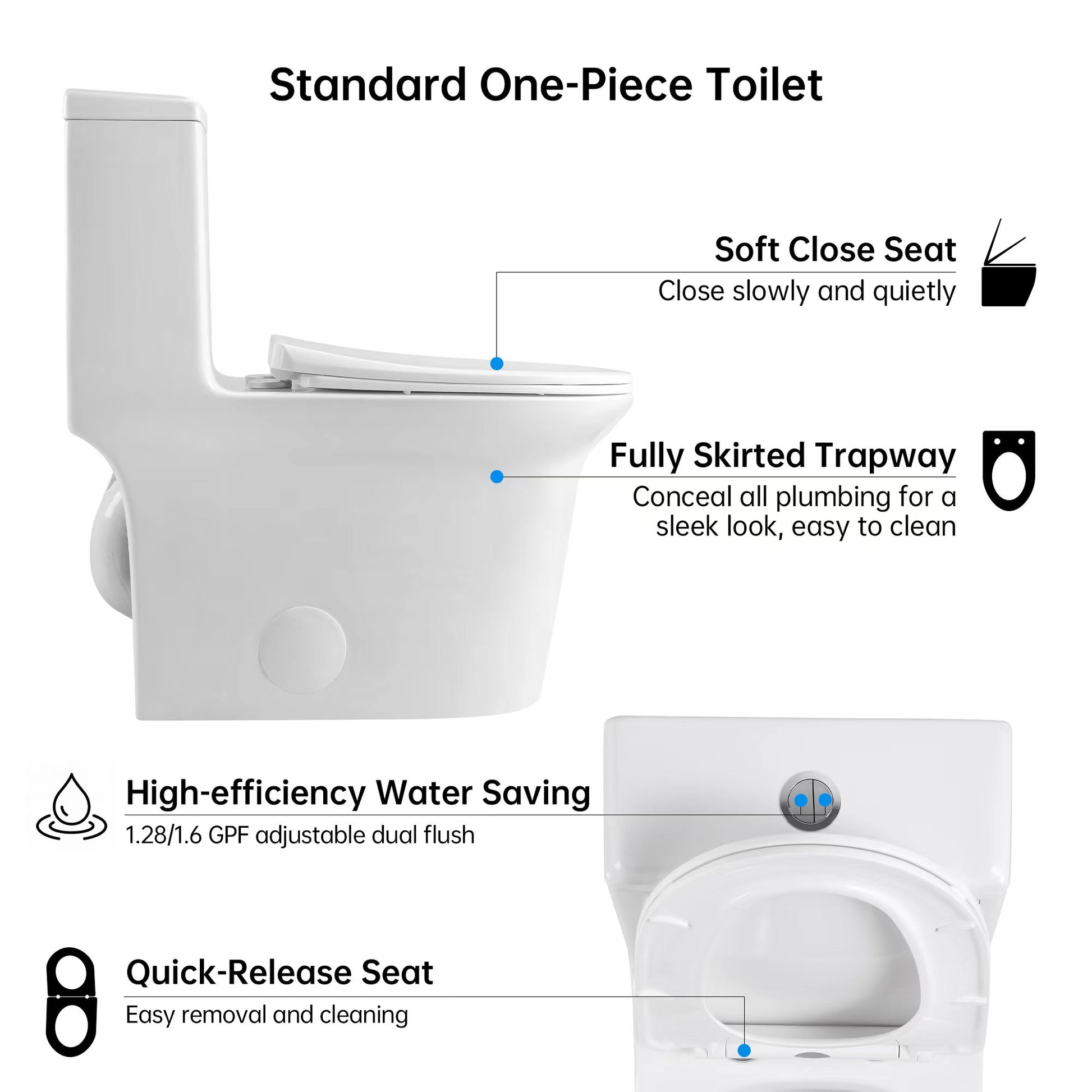 1.1 1.6 Gpf Elongated Comfort Height Super Quite Flushing Floor Mounted One Piece Toilet, Cupc Certified, Watersense Cetified, Ceramic, White Color, Soft Close Seat White Ceramic