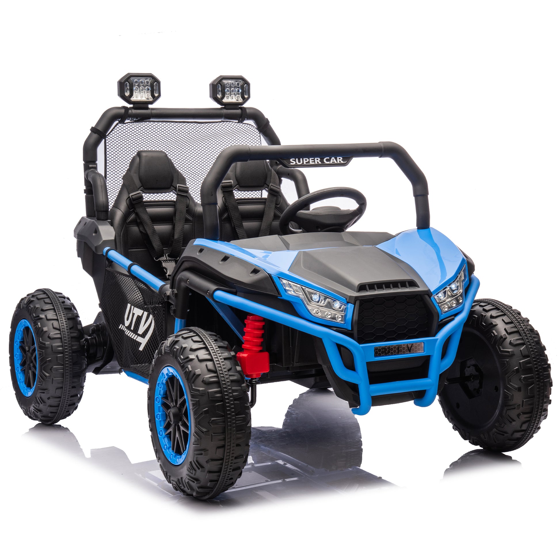 24V Two Seater Kids Ride On Utv W Parents Control,400W Super Power,Four Wheel Suspension,Led Light With Rear Searchlight,Bluetooth,Mp3,Music,Rear Storage Space,Speeds 3.73 4.97Mph For Kids Aged 3 . Blue 50 99 Lbs Polypropylene