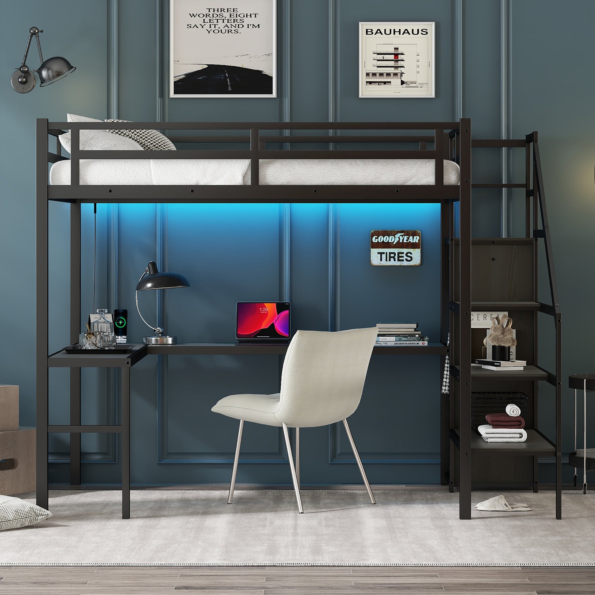 Full Size Loft Bed With L Shaped Desk And Usb, Metal Loft Bed With Wardrobe And Adjustable Shelf, High Loft Bed With Led For Kids Teens Adults, Black Full Black Metal