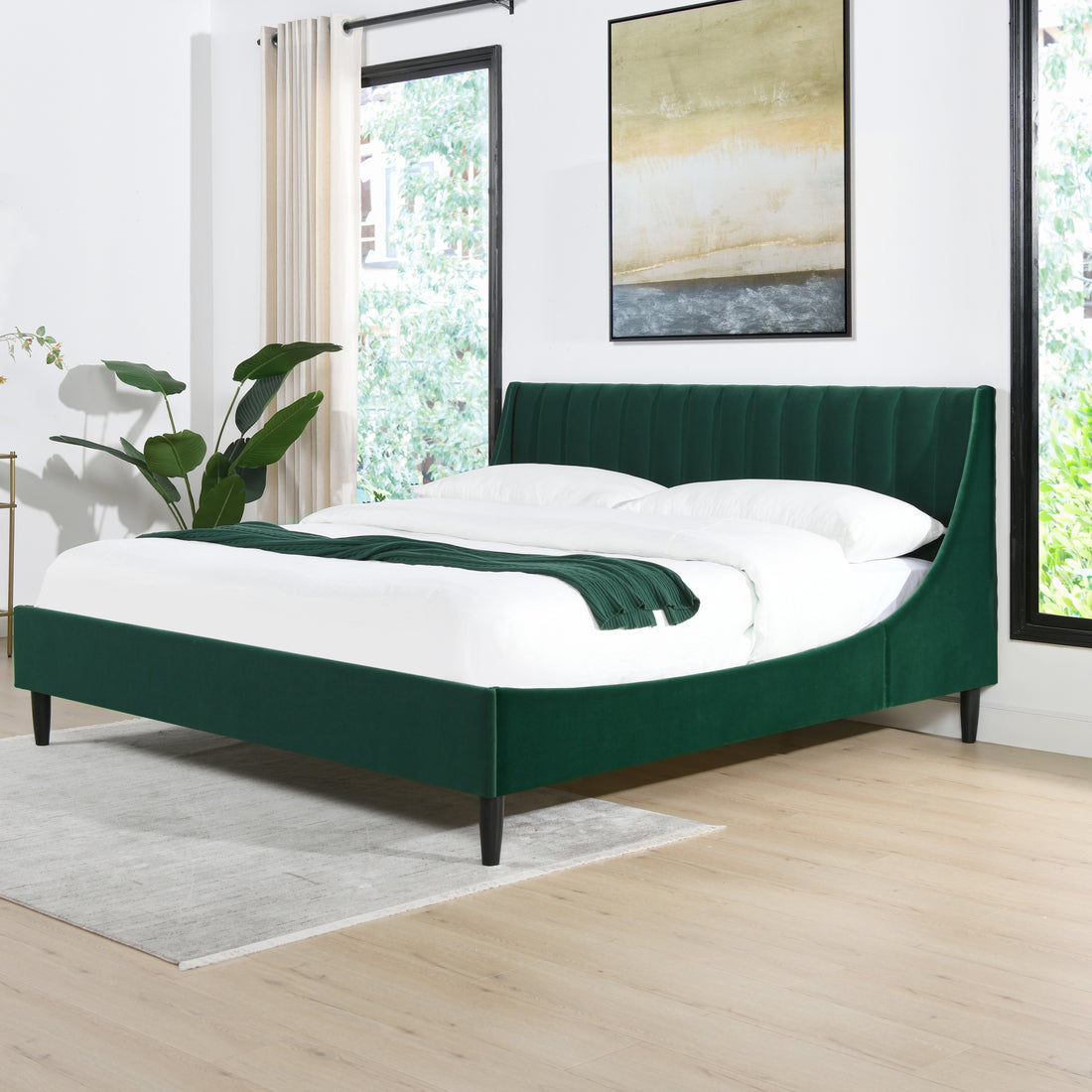 Aspen Vertical Tufted Modern Headboard Platform Bed Set, King, Evergreen Velvet Box Spring Not Required King Green Wood Foam Velvet Velvet