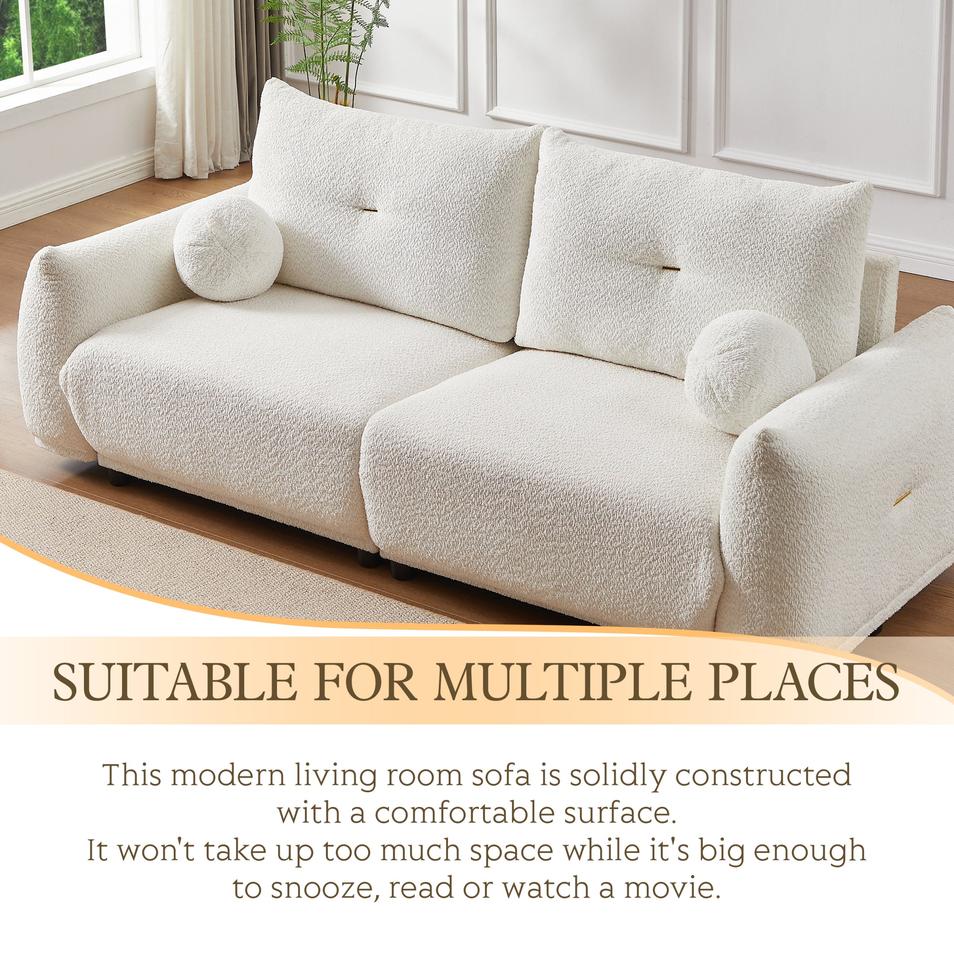 Lamb'S Wool 2 Seater Cushion Sofa 90'' Comfortable Sofa For Living Room Bedroom And Other Casual Spaces Lamb'S Wool Sofa With 2 Cushions And 2 Ball Pillows. Beige Beige Foam Fabric 2 Seat
