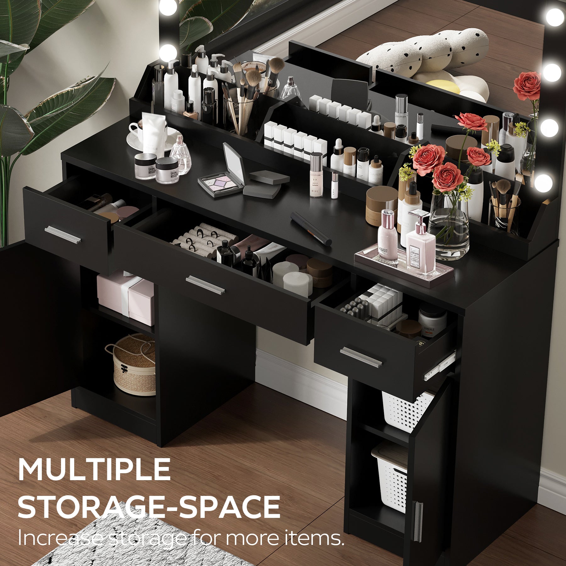 47.2"Vanity Desk With Large Mirror, 3 Colour Lighting Modes, Adjustable Brightness, Dresser With 3 Drawers & 2 Vertical Cabinets, Makeup Vanity Table For Women & Girls Black Black Particle Board