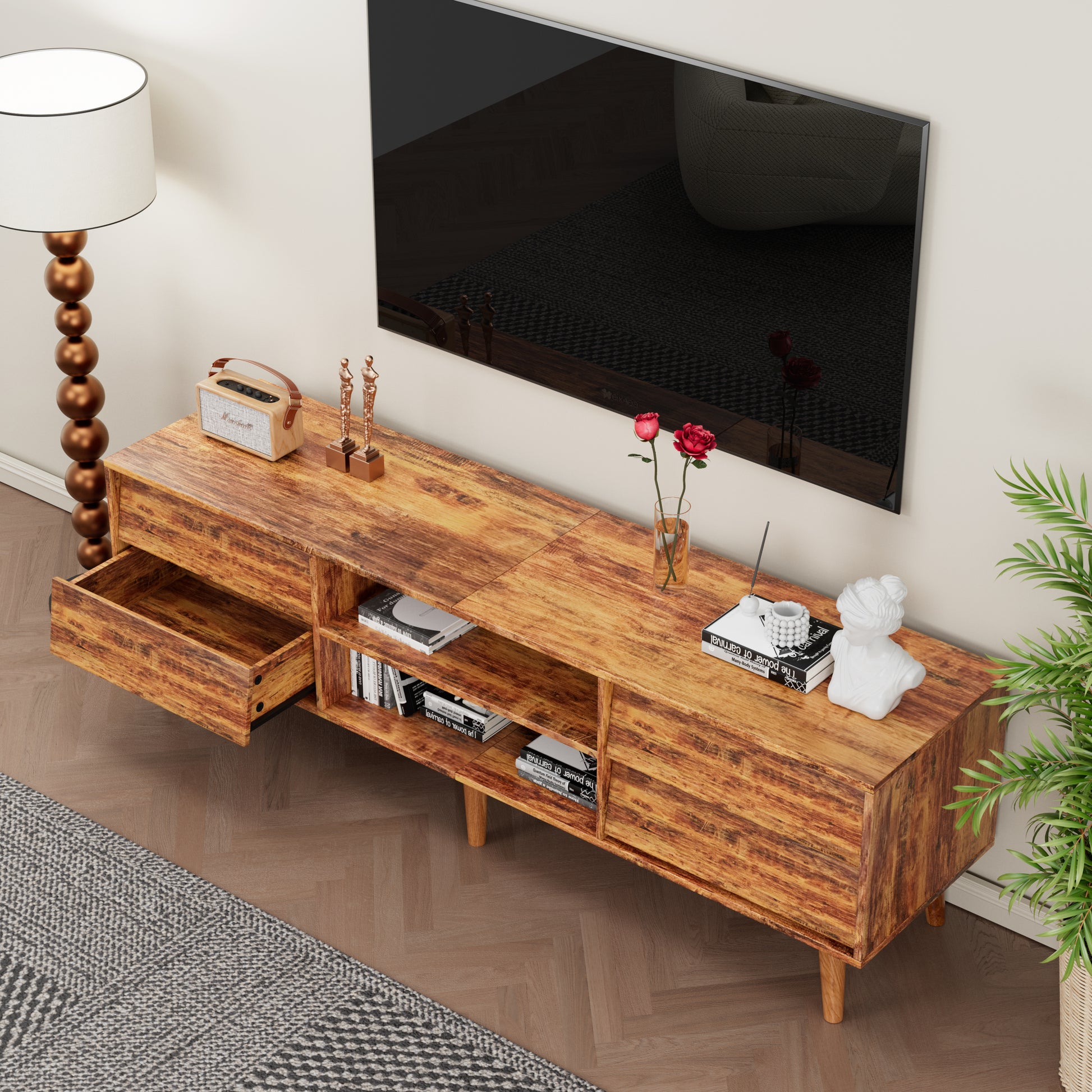 63 Inch Tv Stand Features Vintage Style And Bevel Design, Tv Stand With Drawers, Entertainment Center For Living Room Bedroom, Tv Media Console Brown 60 69 Inches Mdf