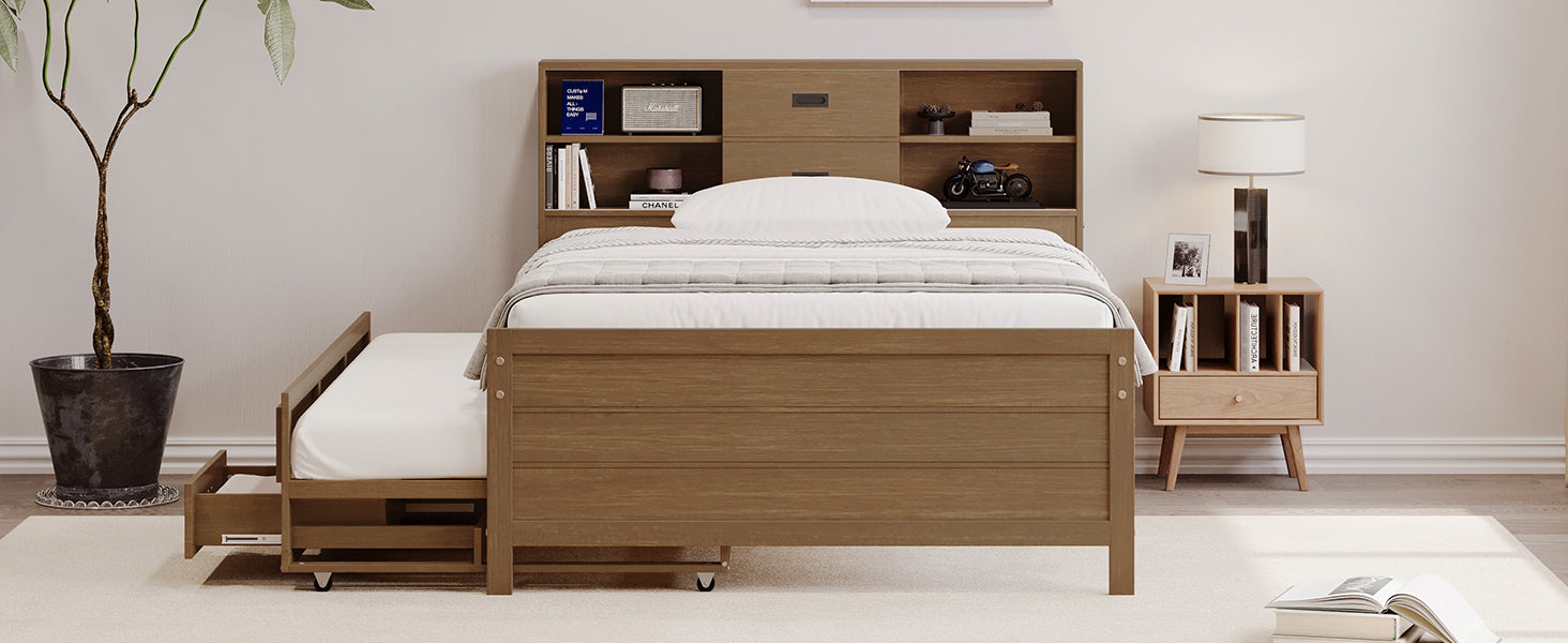 Twin Size Captain Bed With Storage Bookcase Headboard,Captain Bed With Trundle And Three Storage Drawers For Kids Teens Dorm Bedroom Multipurpose Guest Room Or Home, Walnut Box Spring Not Required Twin Walnut Wood Solid Wood Mdf