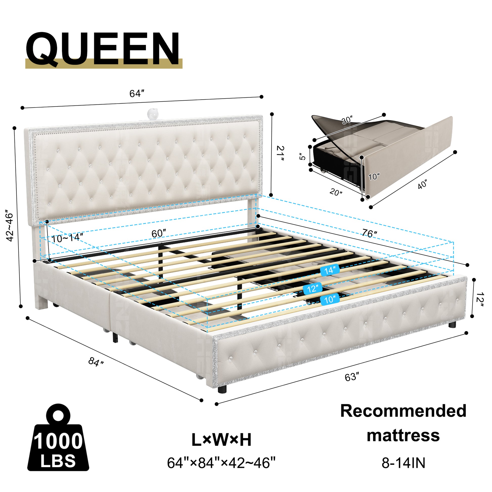 Queen Size Bed Frame With 4 Drawers, Star Galaxy Projector, Usb Charger, Music Speaker, Adjustable Upholstered Headboard With Diamond Button,Velvet Cream Mdf Metal