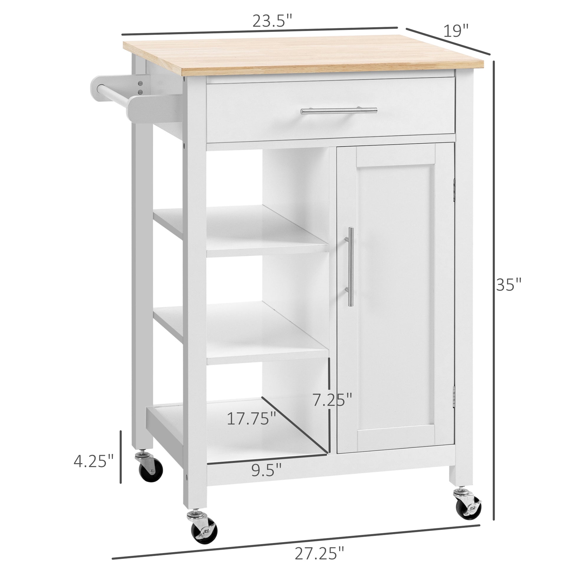 Homcom Kitchen Island Cart, Rolling Kitchen Island With Storage Shelf, Solid Wood Top, Drawer, For Dining Room, White White Mdf