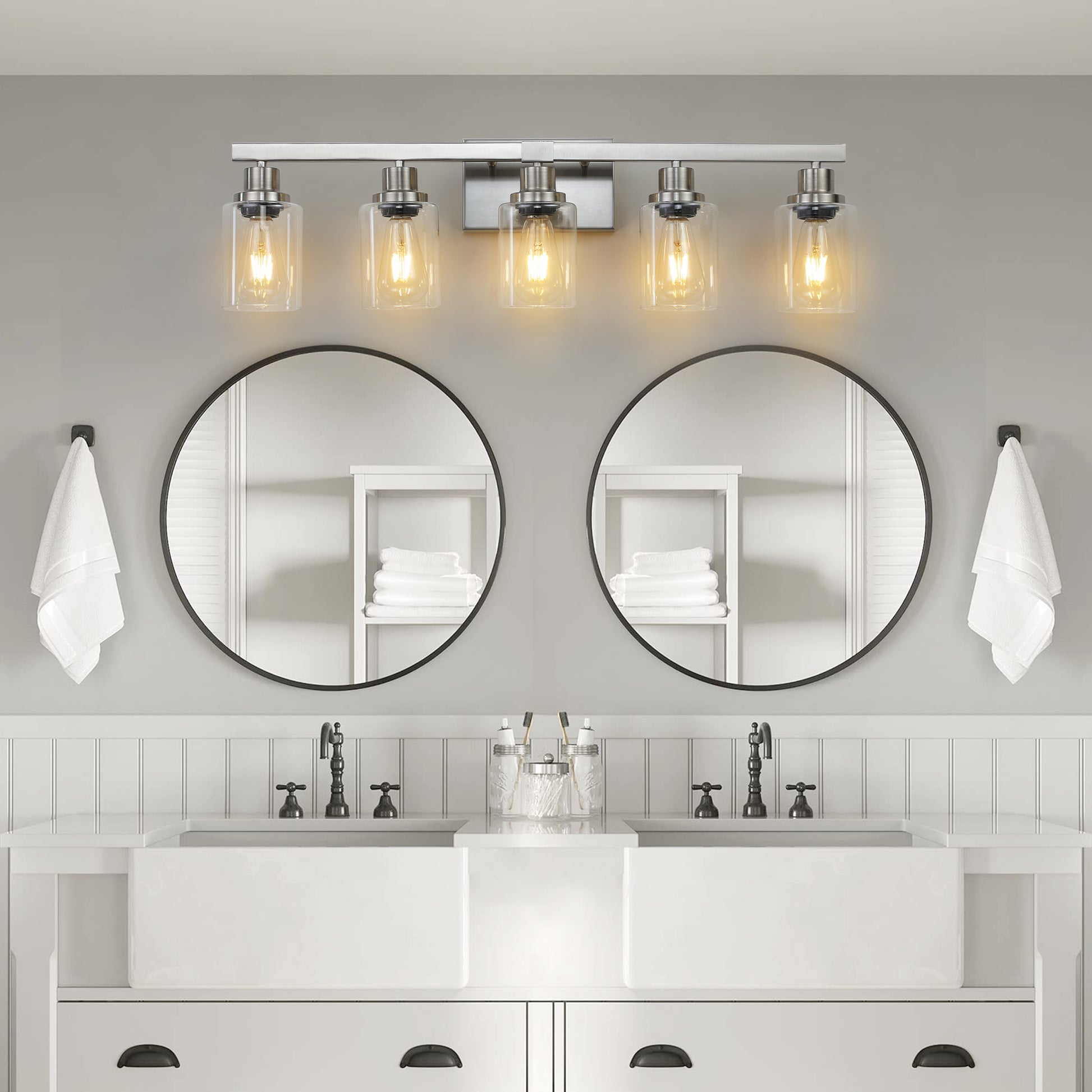 Modern 5 Light Bathroom Vanity Light Fixture Brushed Nickel Finish With Clear Glass Shades, Perfect For Bathroom, Vanity, And Dressing Area Lighting No Bulbs Brushed Nickel Glass,Iron