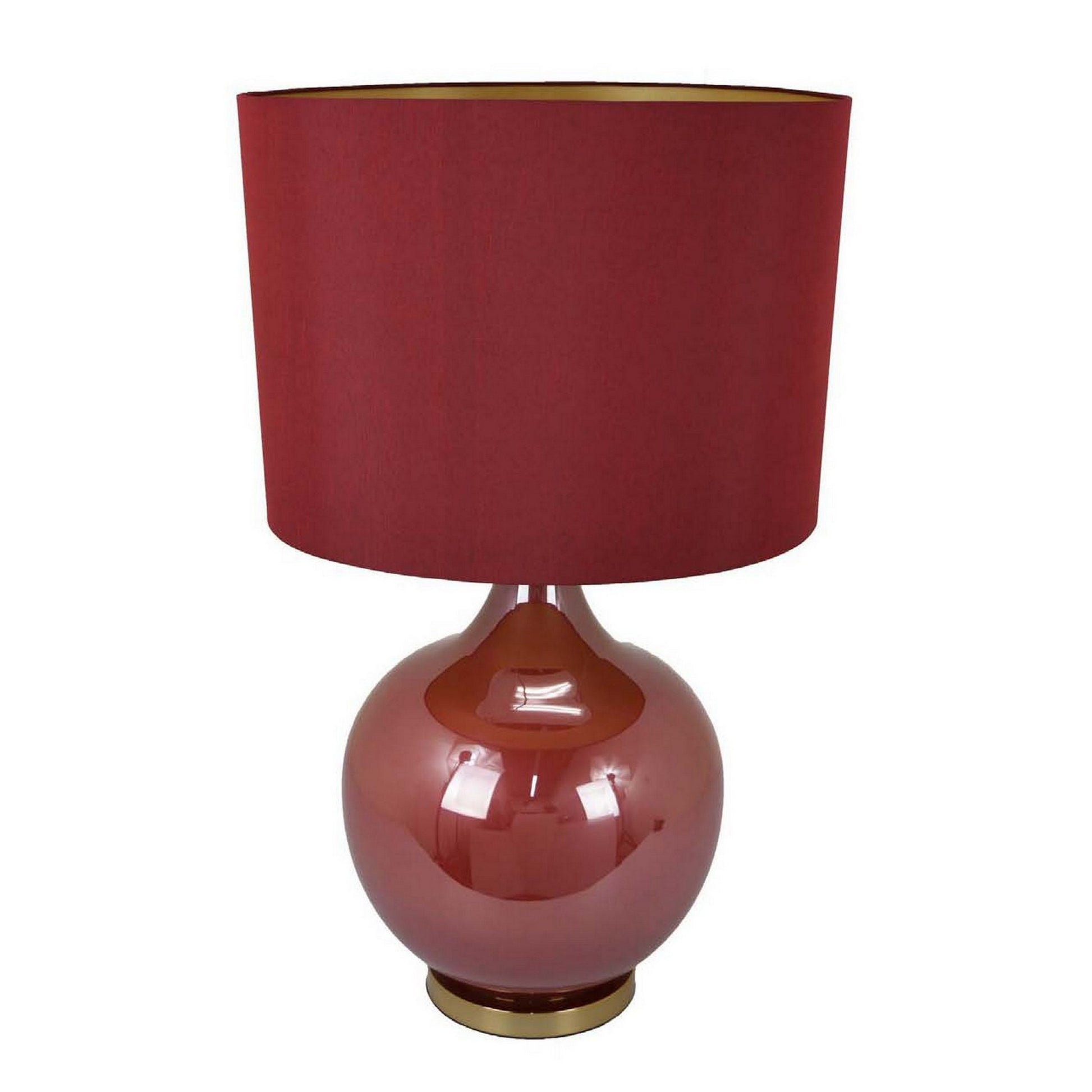 Gia 32 Inch Table Lamp, Drum Shade, Curved Round Glass Body, Red Finish Red Glass