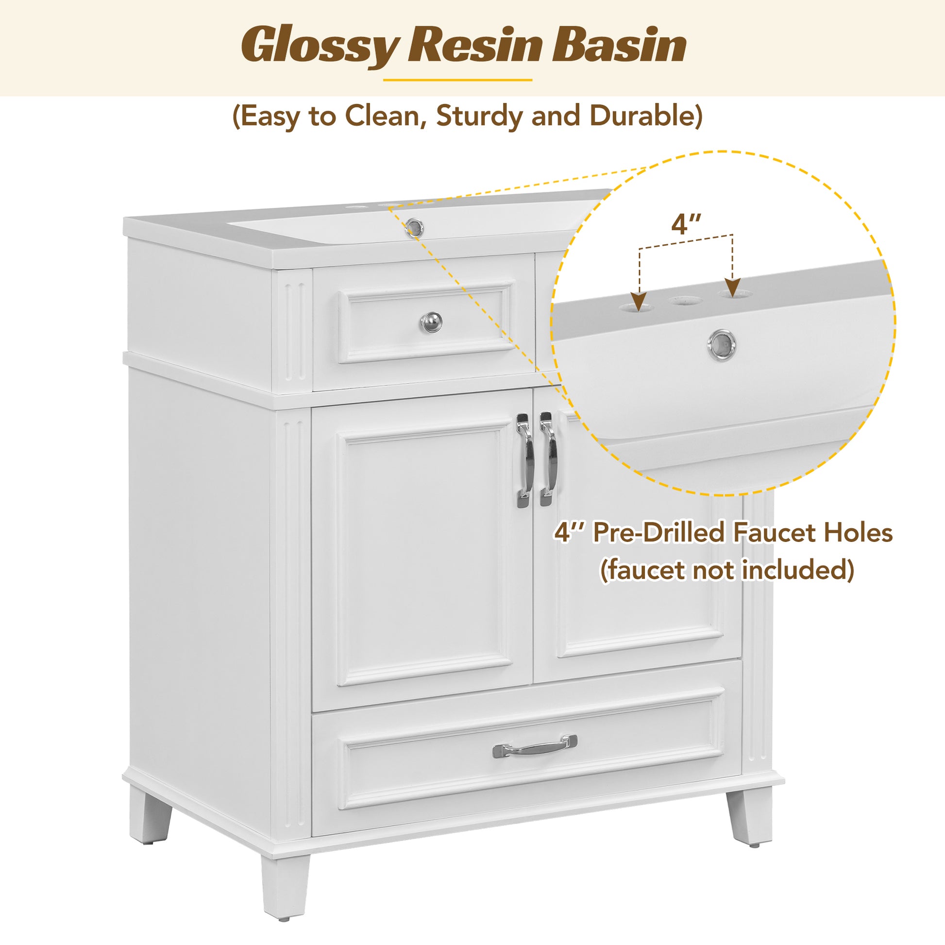 30'' Bathroom Vanity With Resin Sink, Solid Wood Frame Bathroom Storage Cabinet With Soft Closing Doors, Retro Style, White 1 White 2 Bathroom Freestanding Modern Solid Wood Mdf Resin Painted