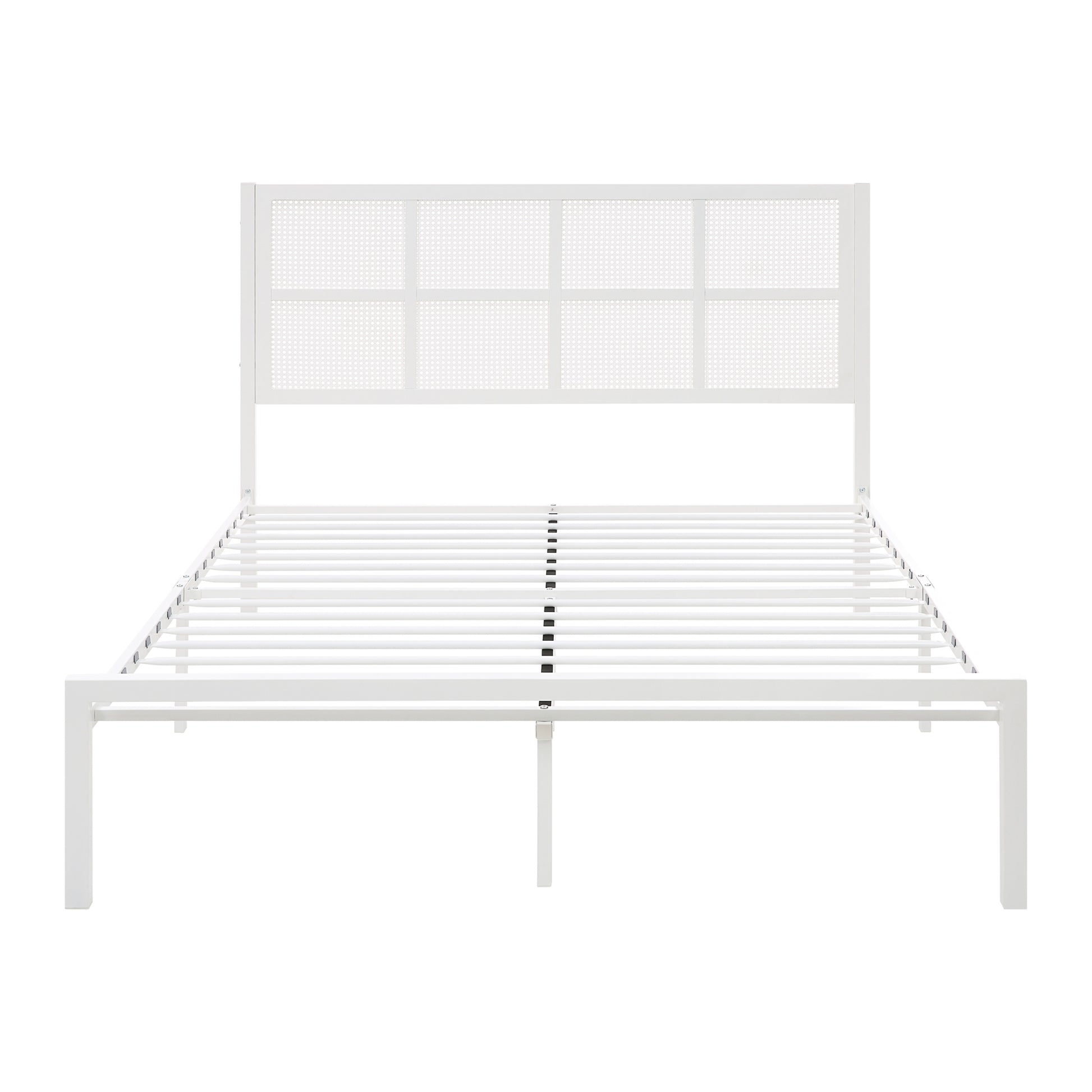 1Pc Queen Platform Bed, Metal Frame White Finish Faux Cane Panel Headboard Casual Coastal Bedroom Furniture, Bed In A Box Box Spring Not Required Queen White Metal Bedroom Casual,Coastal Metal