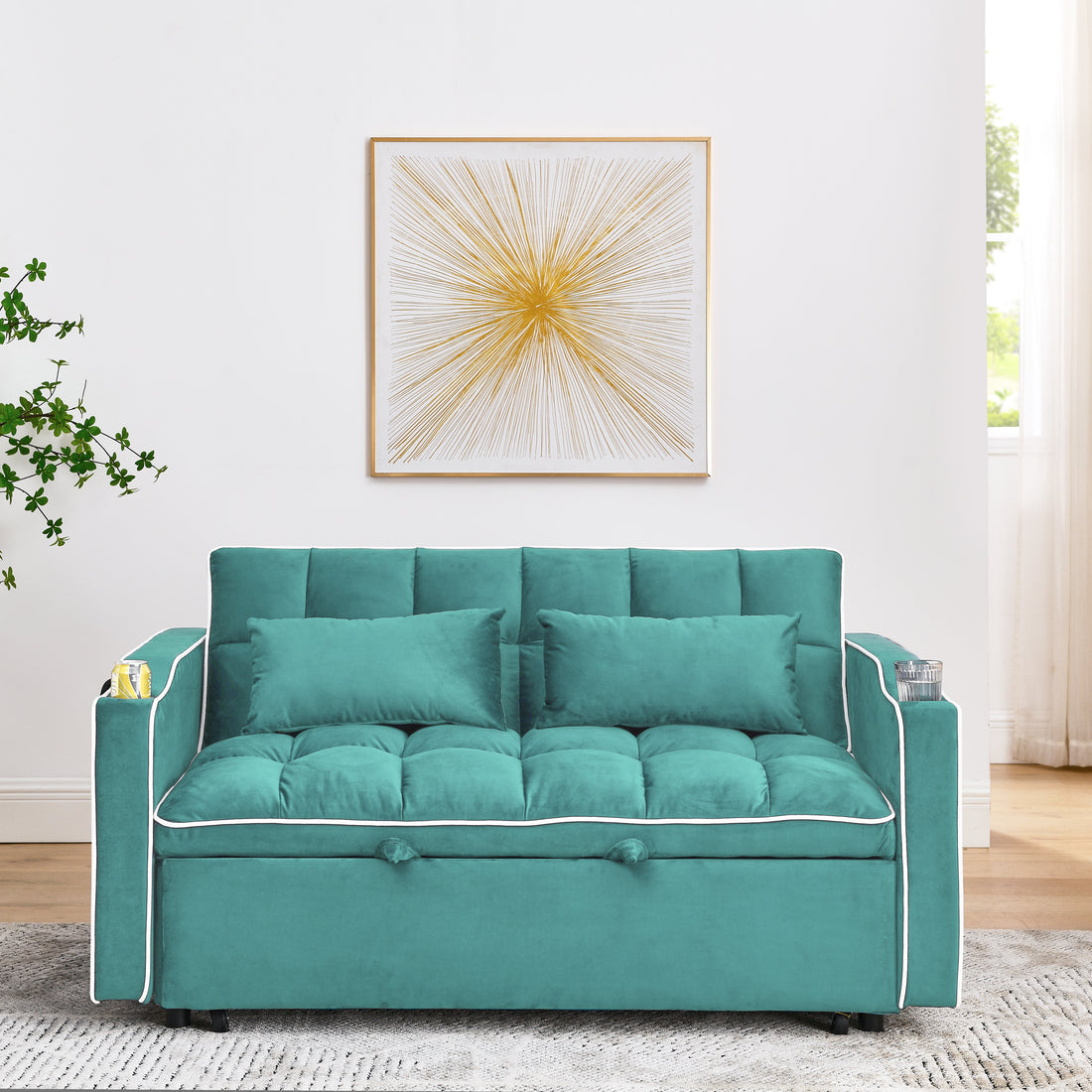 55.51 Inch Versatile Foldable Sofa Bed In 3 Lengths, Modern Sofa Sofa Sofa Velvet Pull Out Bed, Adjustable Back And With Usb Port And Ashtray And Swivel Phone Stand Green Full Antique Blue Green